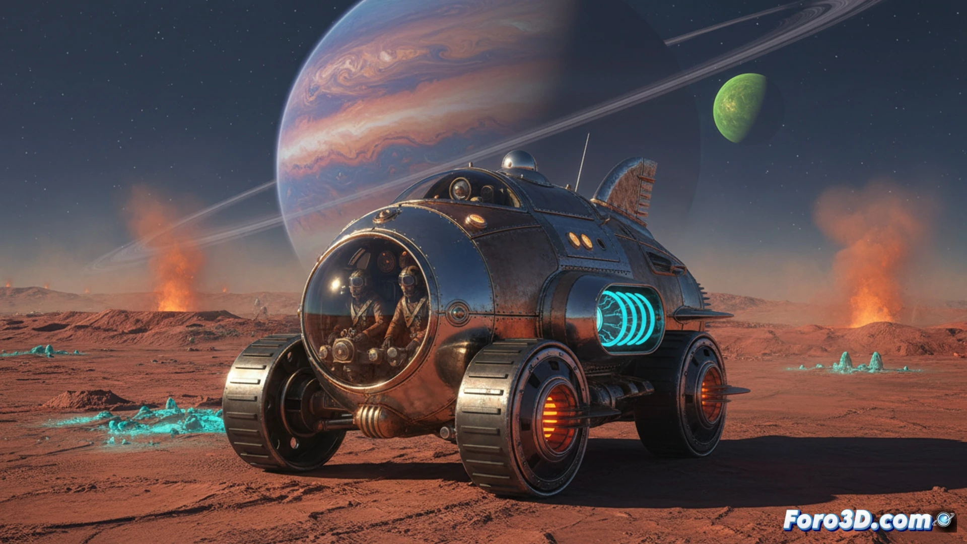 Paisaje marciano rojizo con naves y antenas retro-futuristas, estilo atompunk, iluminado por un sol tenue bajo un cielo polvoriento.