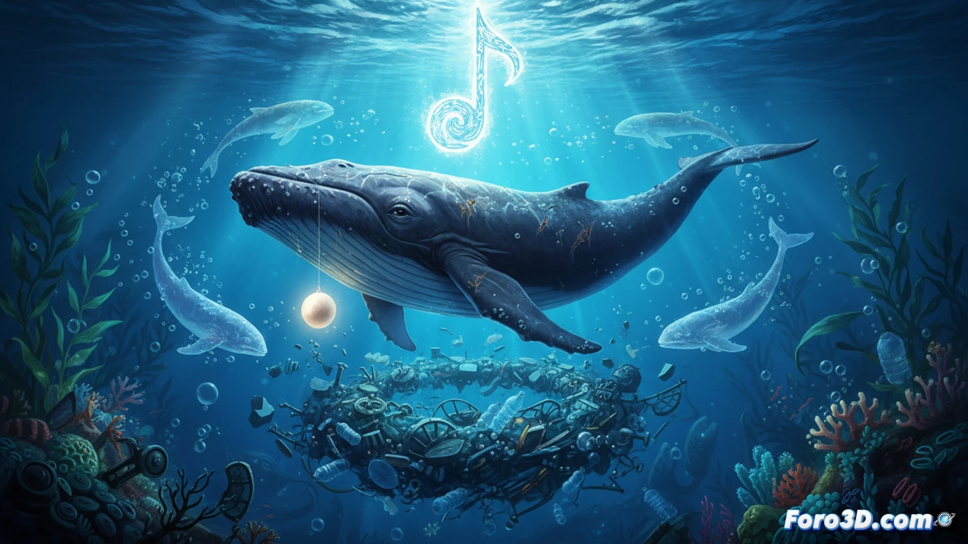 Una ballena jorobada joven, con ojos brillantes y asustados, nada en un océano azul profundo. Al fondo, un arrecife de coral vibrante y un barco pesquero pequeño.