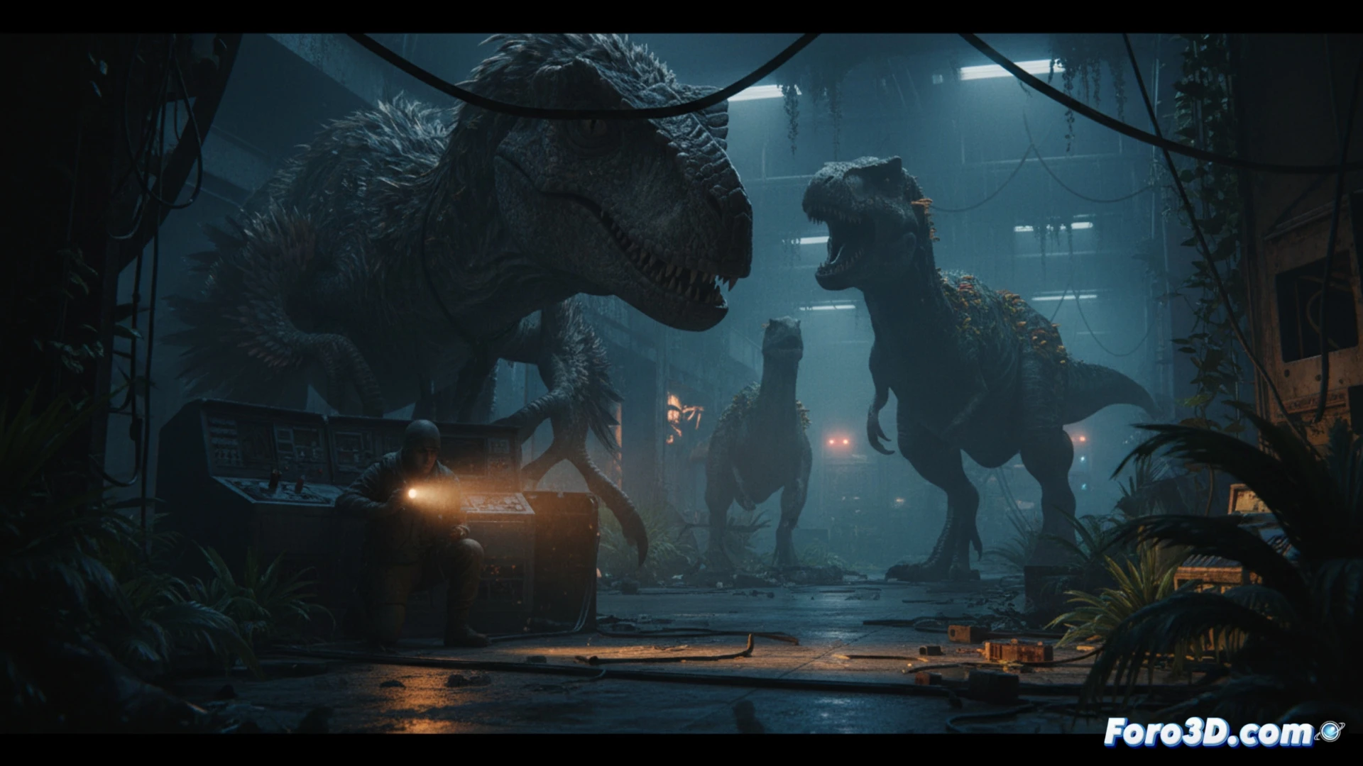 Dinosaurio acechando en un bosque oscuro con efectos de luz y sombras en Unreal Engine 4