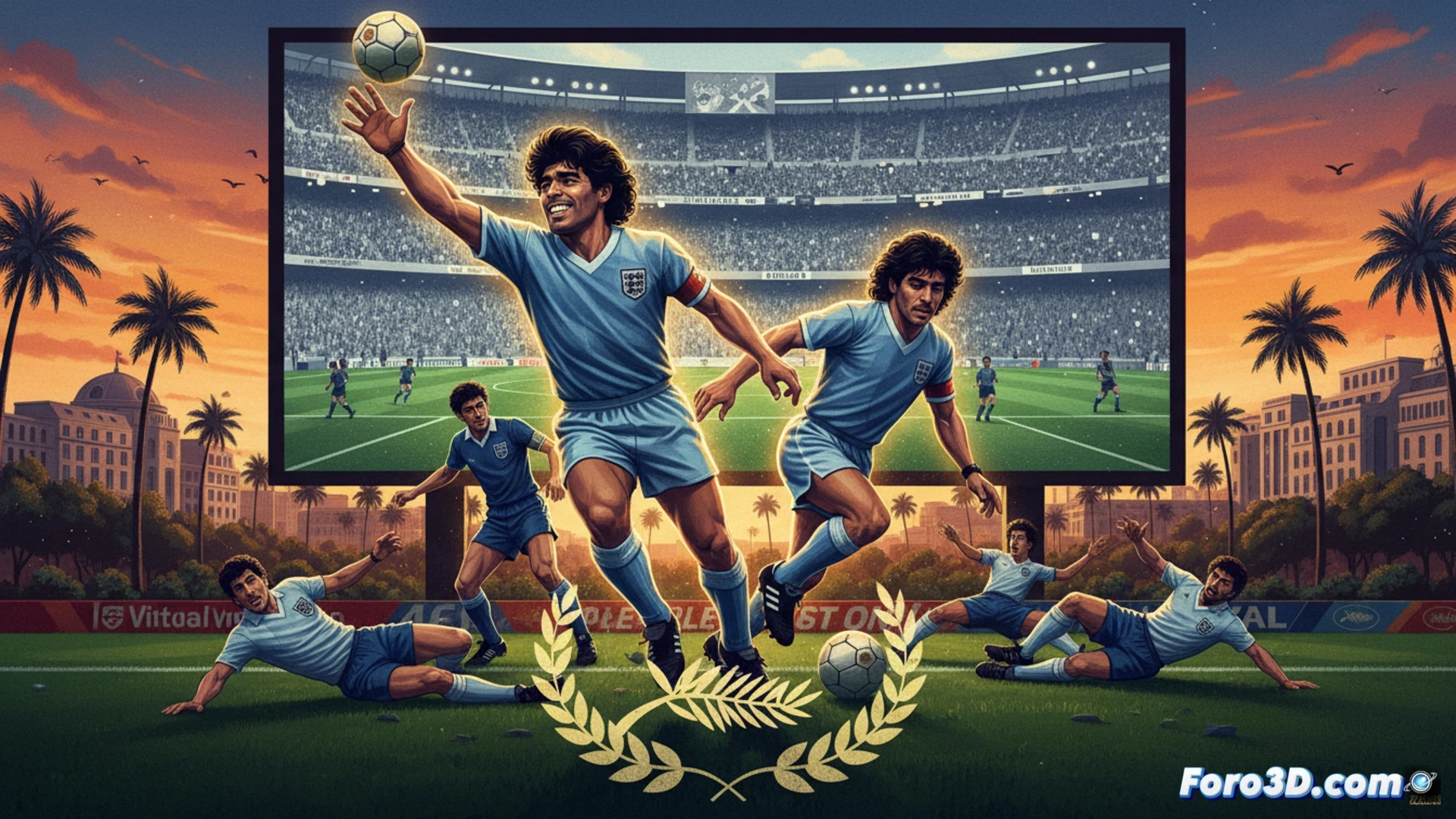 Cinematic scene of a 1980s football match on a dusty pitch, two players in blue and white facing opponents in red, Diego Maradona mid-dribble with a low center of gravity, ball at his feet, defenders lunging, crowd blur in background, stadium lights casting harsh shadows, historical tension in the air, photorealistic technical illustration, 16mm film grain texture, warm amber and green color palette, dramatic low-angle shot, motion blur on legs, dust particles suspended in sunlight, ultra-detailed facial expressions, no text or numbers visible.