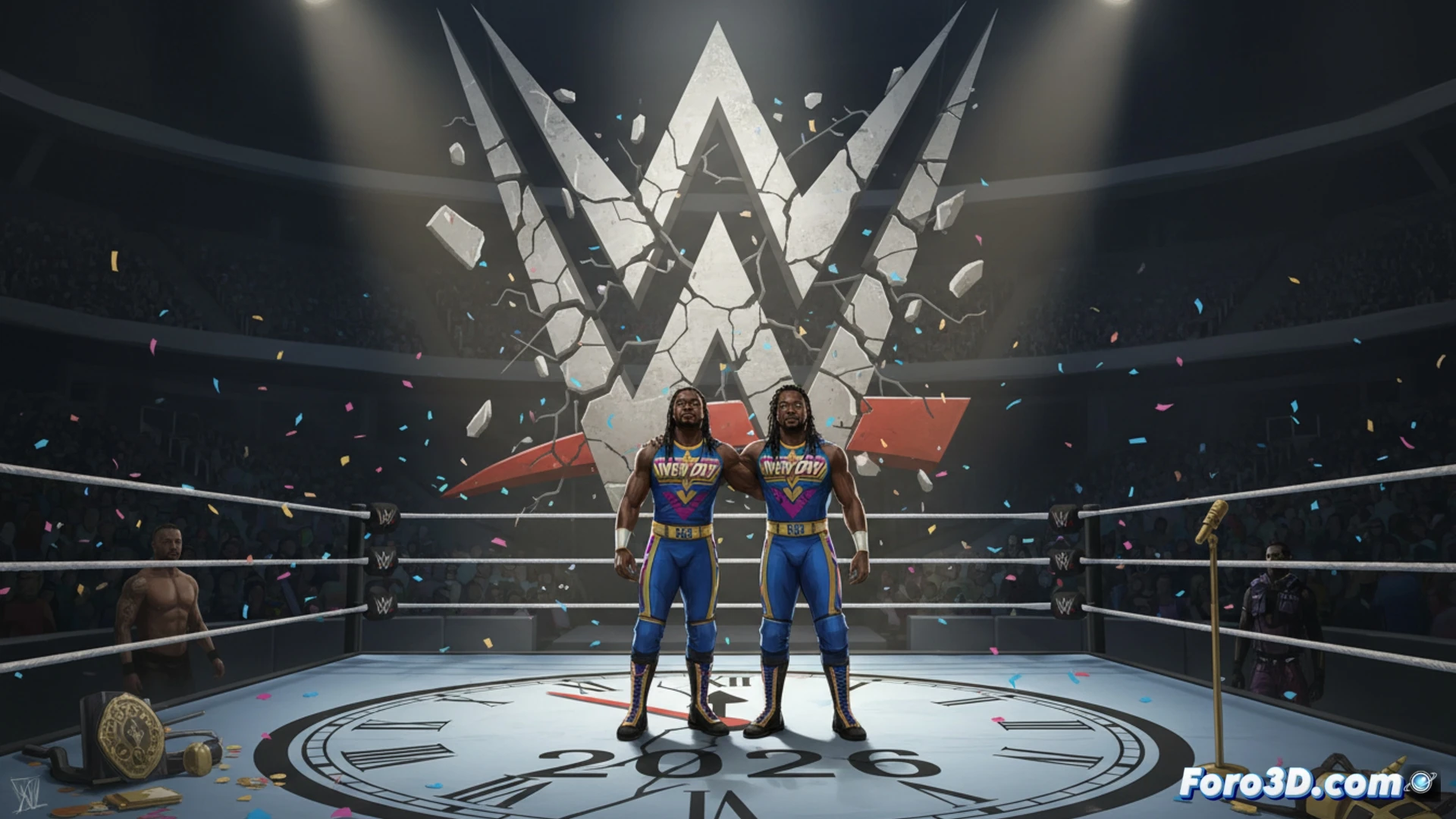 The New Day stands on a wrestling ring ramp, Kofi Kingston and Xavier Woods waving farewell as Big E watches from behind, under arena lights.