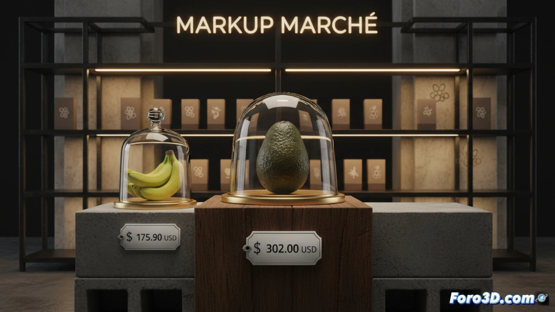 Minimalist white pop-up store interior, a single avocado placed on a polished stone pedestal under a bright spotlight, price tag hanging from a minimalist metal stand showing luxury markup, a customer holding a banana wrapped in designer tissue paper while looking at the display in disbelief, sterile gallery-like atmosphere with concrete walls and glass shelves, photorealistic retail visualization, dramatic high-contrast lighting casting long shadows, ultra-detailed fruit textures with glossy reflections, critical consumer commentary scene, cinematic composition with shallow depth of field