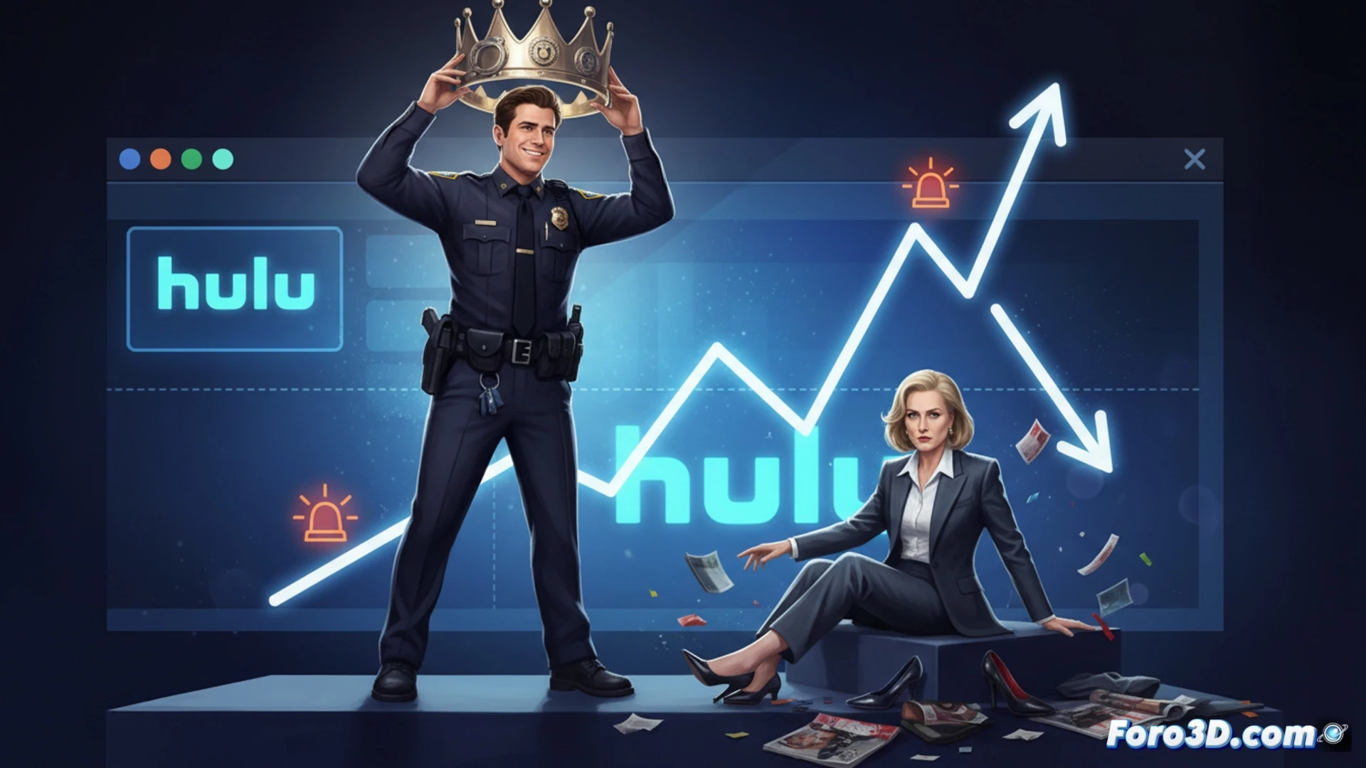 Imagen que muestra a Nathan Fillion como John Nolan de The Rookie, superando a El diablo viste de Prada en la pantalla de Hulu, con un gráfico de barras y la fecha 4 de mayo.