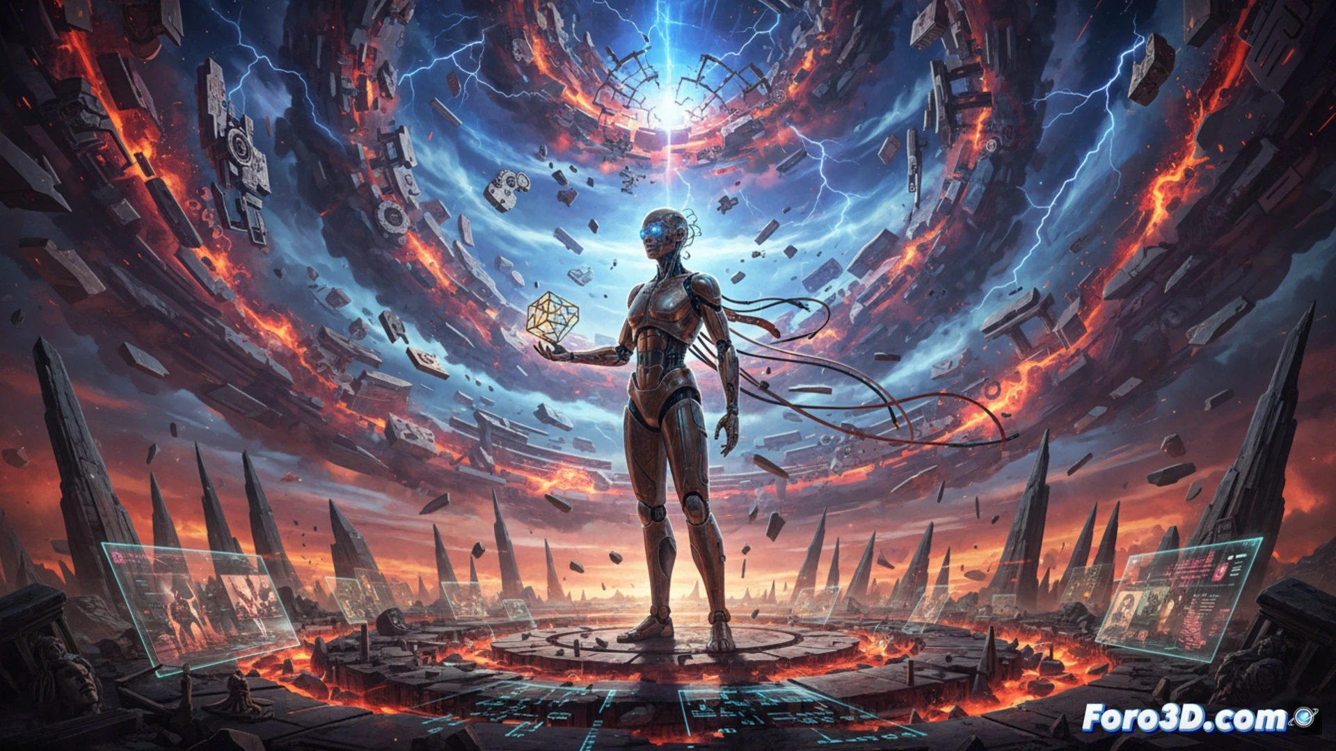 Descripción (80-120 caracteres): Un humano digital emerge de escombros flotantes bajo un cielo partido, con acertijos de luz y gravedad rota.

Detalle: La imagen muestra una figura humanoide de luz azul, semitransparente, alzándose entre ruinas de templos y columnas griegas que levitan sin orden. A su alrededor, esferas de energía y cubos de datos giran en trayectorias imposibles. El cielo se divide en dos mitades: una celeste con nubes doradas, otra carmesí con relámpagos. Al fondo, un ojo mecánico gigante observa desde una grieta en la realidad. El suelo es un mosaico de pantallas rotas que muestran recuerdos fragmentados. La atmósfera mezcla serenidad divina y caos infernal.