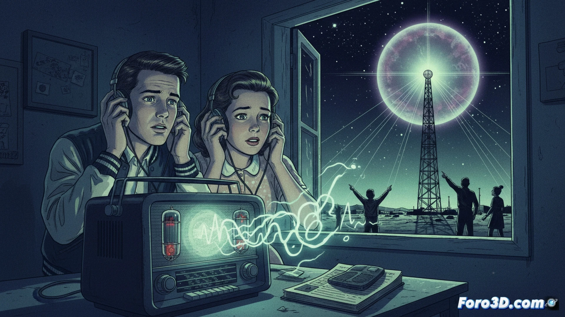 vintage radio control room interior, 1950s New Mexico night, two young operators wearing headsets hunched over a large analog radio console, oscilloscope screen displaying jagged audio waveforms, vacuum tubes glowing amber, reels of magnetic tape slowly spinning, one hand adjusting a frequency dial while the other points at a crackling speaker grille, dust particles floating in a single beam of moonlight from a window, cinematic photorealistic style, dramatic low-key lighting with deep shadows, retro-futuristic tension, ultra-detailed knobs and switches, subtle green phosphor glow on radar screens, paranoid atmosphere, 4K technical illustration