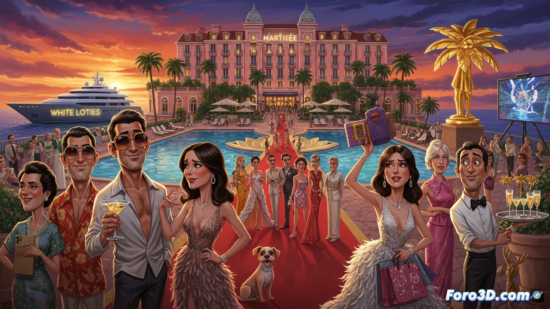 Costa Azul atardecer dorado, Hotel Martinez fachada art decó reflejada en piscina infinita, equipo de filmación profesional con cámara Arri Alexa montada en dolly sobre rieles, Vincent Cassel y Laura Dern en primer plano usando gafas de sol de lujo, asistentes de producción ajustando micrófonos boom y reflectores plateados, palmeras meciéndose con brisa marina, yates de lujo anclados en puerto de Cannes al fondo, cinematographic photorealistic render, lighting cálido contrastando con trajes blancos elegantes, saturación alta estilo editorial de lujo, profundidad de campo estrecha, texturas de seda y mármol visibles.