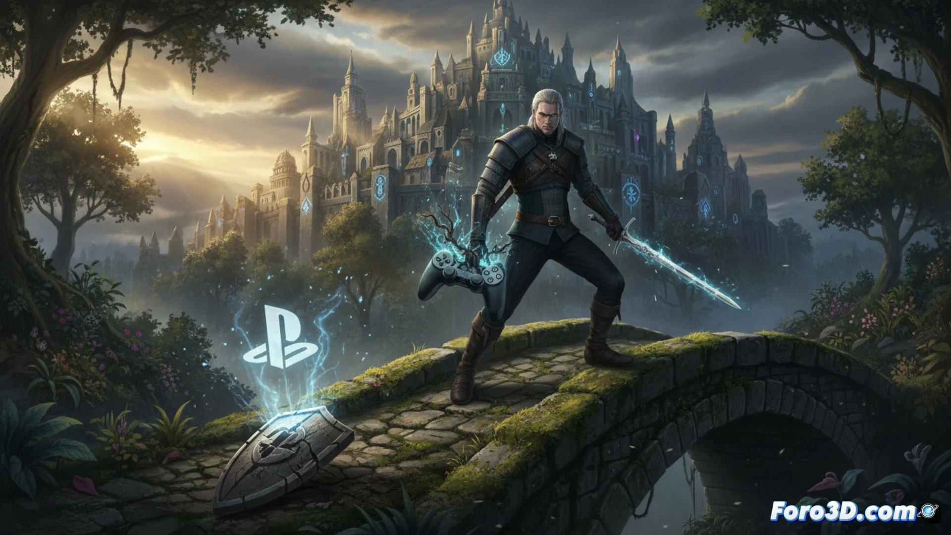 Geralt de Rivia empuña dos espadas en una mazmorra sombría de Flotsam, rodeado de enemigos caídos y llamas.