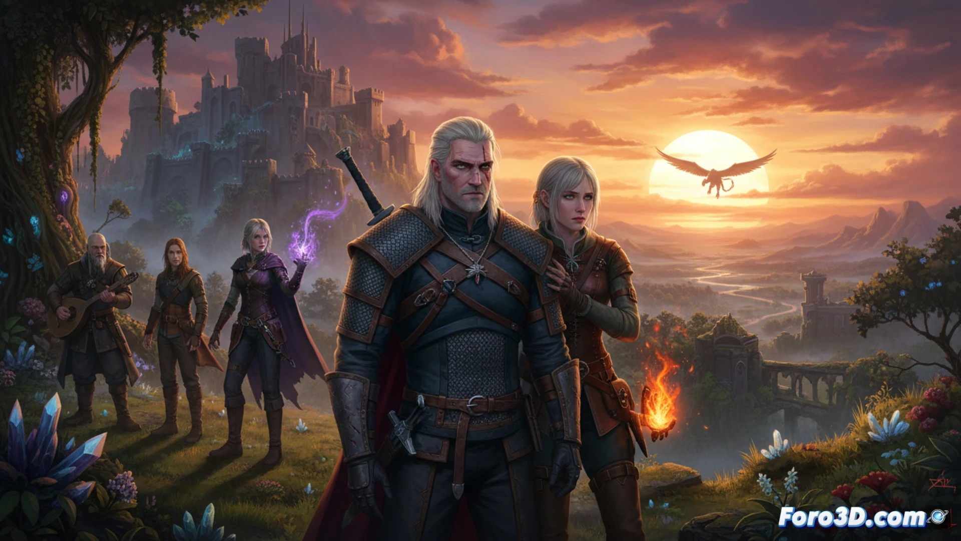 Geralt de Rivia en postura de combate sobre un paisaje montañoso al atardecer, espada de acero desenvainada mientras fragmentos de un grimorio mágico se desintegran en partículas brillantes a su alrededor, mostrando el final de su viaje, elementos técnicos como runas de poder en su armadura y un mapa desplegado con marcadores de misiones, estilo cinematográfico y fotorrealista, iluminación dramática dorada y sombras profundas, niebla baja entre pinos, acción congelada en el momento justo, despedida épica del Lobo Blanco.