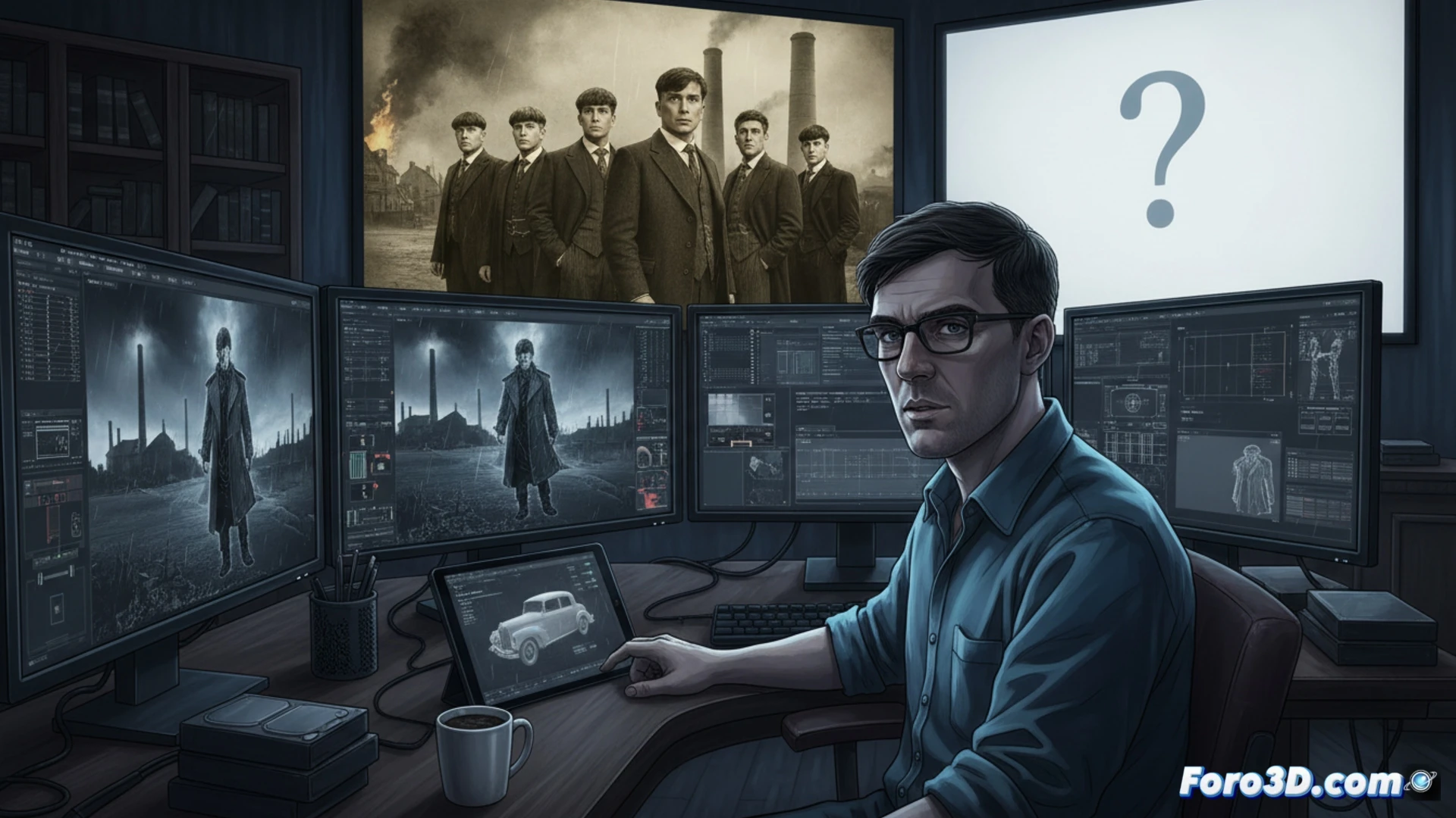 Theo Demiris en un set de VFX, con pantallas mostrando escenas de Peaky Blinders, luces de estudio y equipos técnicos.
