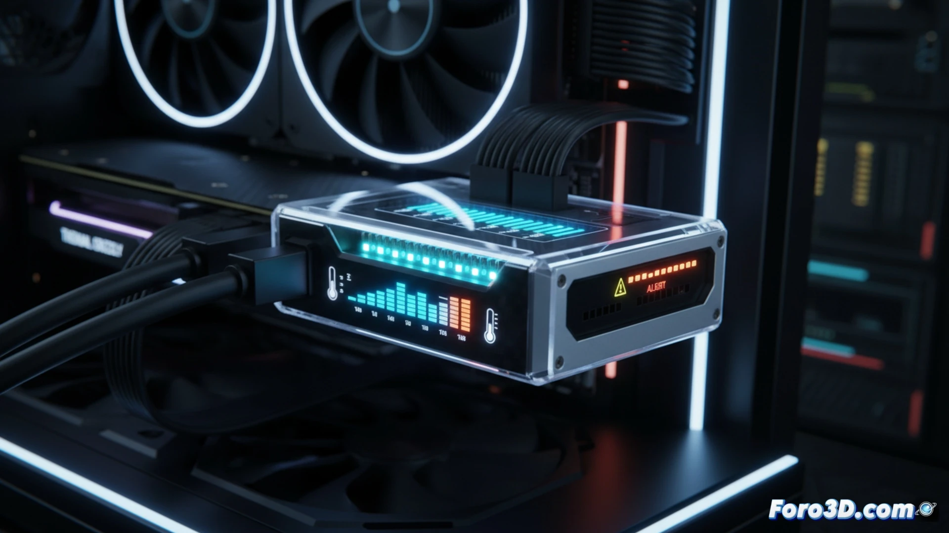close-up of a high-end graphics card power connector being monitored, glowing red alert indicator on a transparent thermal sensor module attached to the 12VHPWR cable, individual pin channels showing uneven current flow with illuminated warning lines, heat distortion waves rising from one pin while others remain cool, cinematic engineering visualization, dark motherboard background with subtle blue LED reflections, metallic connector pins in sharp focus, dramatic red and amber hazard lighting, ultra-detailed plastic housing texture, photorealistic technical render