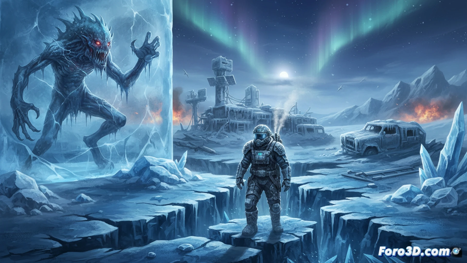 frozen planet surface survival horror scene, player character in torn insulated suit shivering while aiming a rusted ice-axe at a frost-covered creature emerging from snow, turn-based combat interface shown as holographic grid over a broken handheld terminal, temperature gauge on wrist display flashing red, ambient blizzard with ice particles hitting exposed skin, cinematic photorealistic rendering, dramatic low-angle lighting from emergency flare, detailed frost accumulation on metallic equipment, volumetric fog and snowdrifts, ultra-realistic cold environment textures