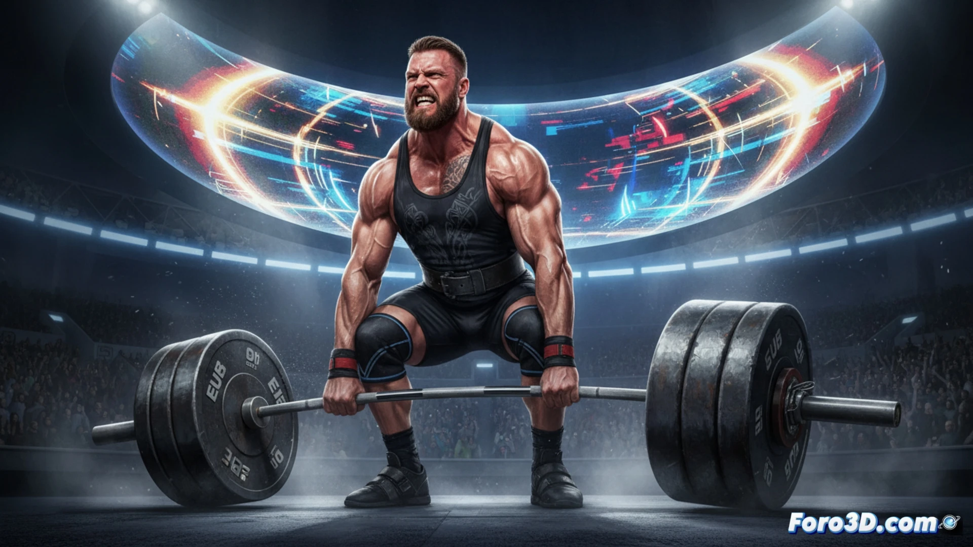strongman athlete mid-lift straining upward with massive barbell loaded with thick plates, barbell shaft bending slightly under extreme weight, chalk dust particles floating in air, steel plates with visible hub holes and knurling marks, heavy lifting belt and wrist wraps visible, gym floor with rubber mats and metal deadlift platform, industrial warehouse setting with exposed steel beams and fluorescent lights, cinematic photorealistic style, dramatic side angle showing muscle definition and facial effort, sweat droplets frozen in motion, intense overhead lighting casting deep shadows, raw gritty texture, ultra-detailed musculature and equipment, action peak moment of deadlift lockout