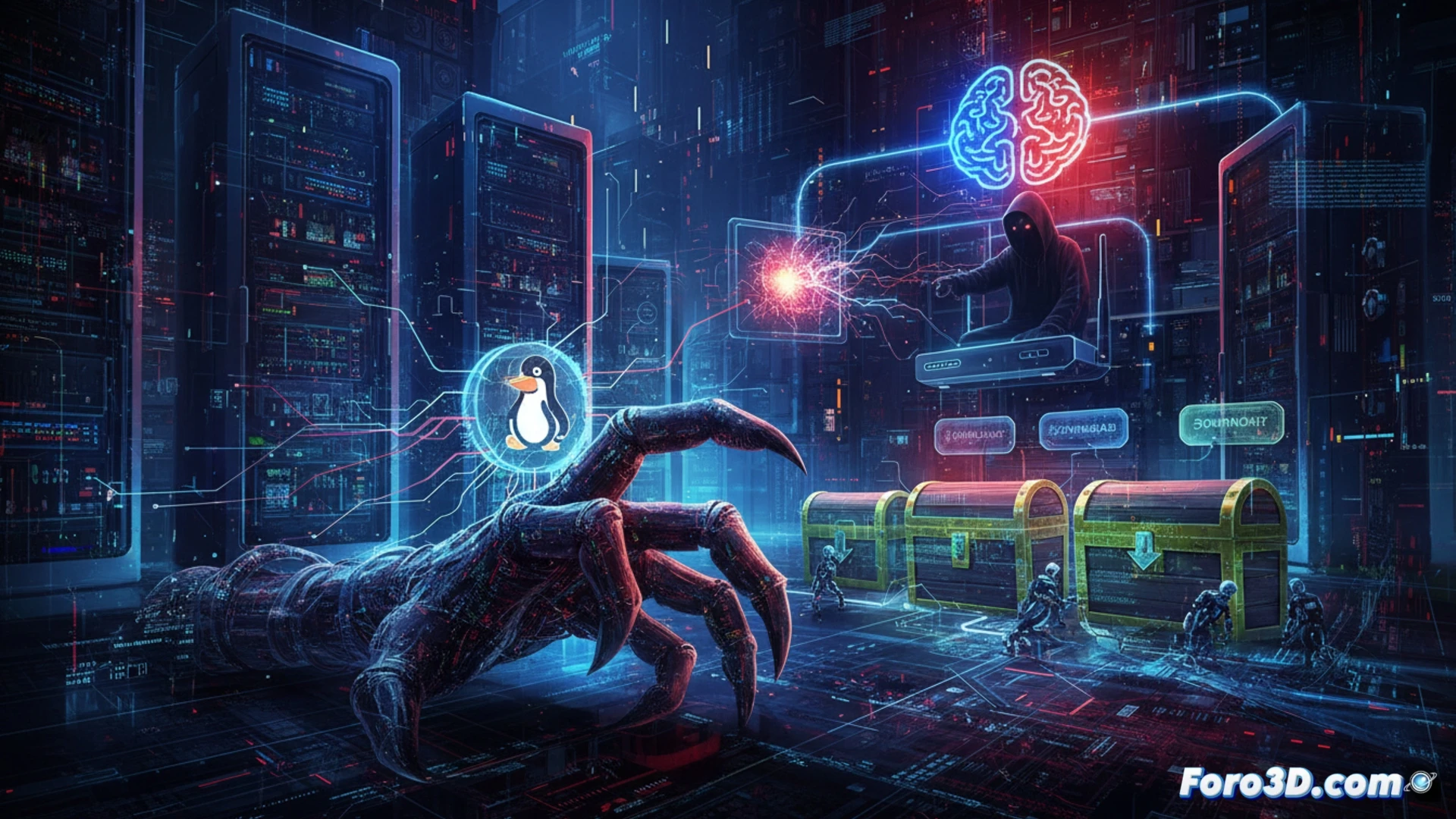 Linux kernel compromised by stealth rootkit process, malicious code injecting into system memory, network traffic showing zero-day exploit targeting home router firmware, automated AI intrusion bot scanning multiple devices, scam kit interface with fake login pages, digital forensic tools analyzing compromised motherboard, glowing red threat indicators on dark server rack, cinematic technical illustration, photorealistic cybersecurity visualization, dramatic blue and red neon lighting, holographic data streams, ultra-detailed circuit board traces, motion blur on data packets traversing network cables, realistic hardware components with visible malware signatures