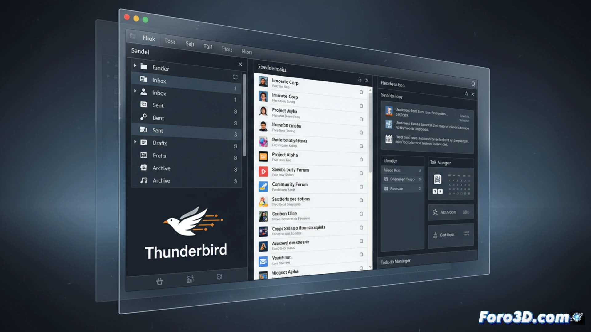 Un escritorio con Thunderbird abierto, mostrando múltiples cuentas de correo y un calendario, compitiendo directamente con Outlook.