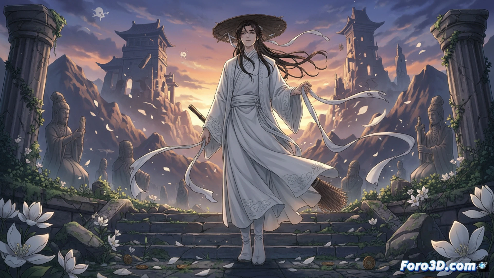 Xie Lian asciende en un halo dorado entre nubes, con mirada serena y capa flotante, mientras dioses lo observan con burla y asombro.