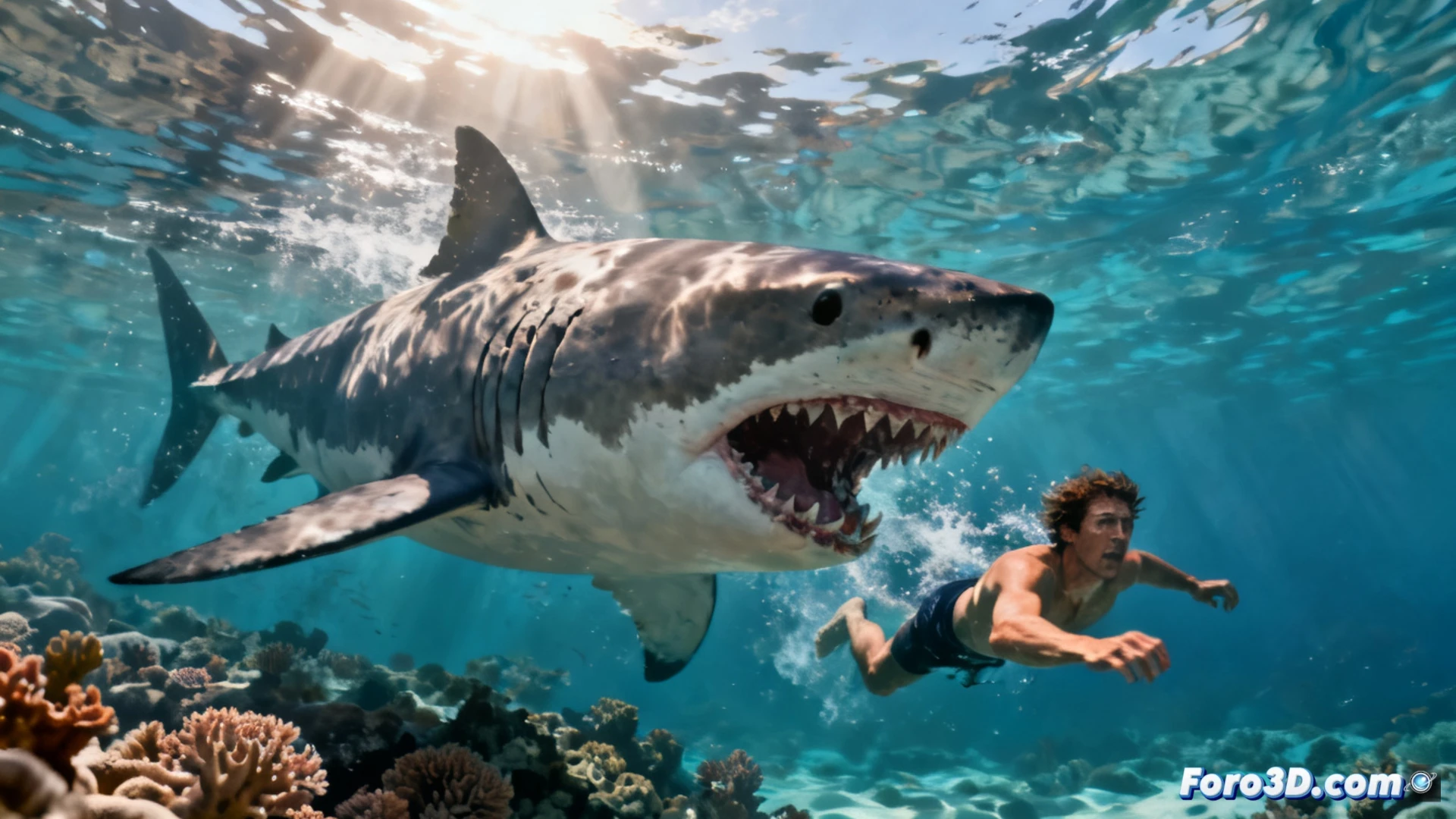 great white shark silhouette underwater near Horseshoe Reef surface, five-meter predator swimming at 80 meters from shore, swimmer in distress breaking water surface, splashing water and froth during attack moment, paramedics on beach preparing emergency stretcher, rescue boat approaching from distance, shallow turquoise water contrasting deep blue ocean, cinematic photorealistic style, dramatic ocean lighting with sun rays penetrating water surface, realistic shark anatomy with visible dorsal fin, tense action scene, ultra-detailed water refraction and foam textures
