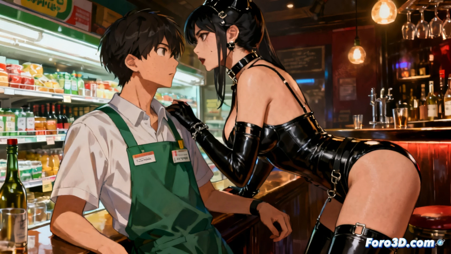 neon-lit BDSM bar interior at night, Sawada in work apron gripping supermarket receipt roll while Nana in leather corset adjusts a steel chain collar around his neck, dominatrix hand pressing a riding crop against his chest, both locked in intense eye contact, bar counter with coiled ropes and a spreader bar in background, cinematic photorealistic style, dramatic red and blue lighting from bar signs casting shadows on polished wood floor, faint reflection in metallic handcuffs on table, ultra-detailed leather textures and rope fibers, moody atmospheric haze
