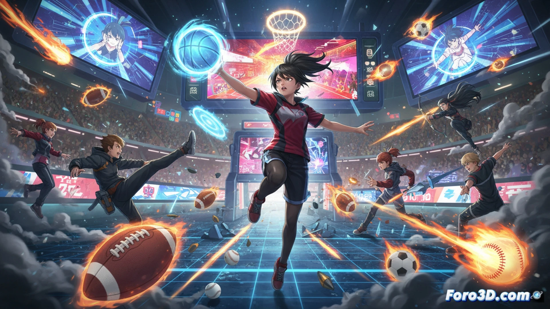 2D side-scrolling action scene, young hero Li Sha mid-jump firing a glowing tennis ball projectile from a futuristic racket-gun, ball trailing bright energy lines toward a robotic opponent, athletic motion blur in her limbs, stadium background with neon scoreboard showing points, shonen anime style with cel-shaded lighting, dynamic camera angle emphasizing speed and impact, particle effects from the projectile explosion, technical illustration of combat sports mechanics, vibrant colors contrasting dark metallic enemies