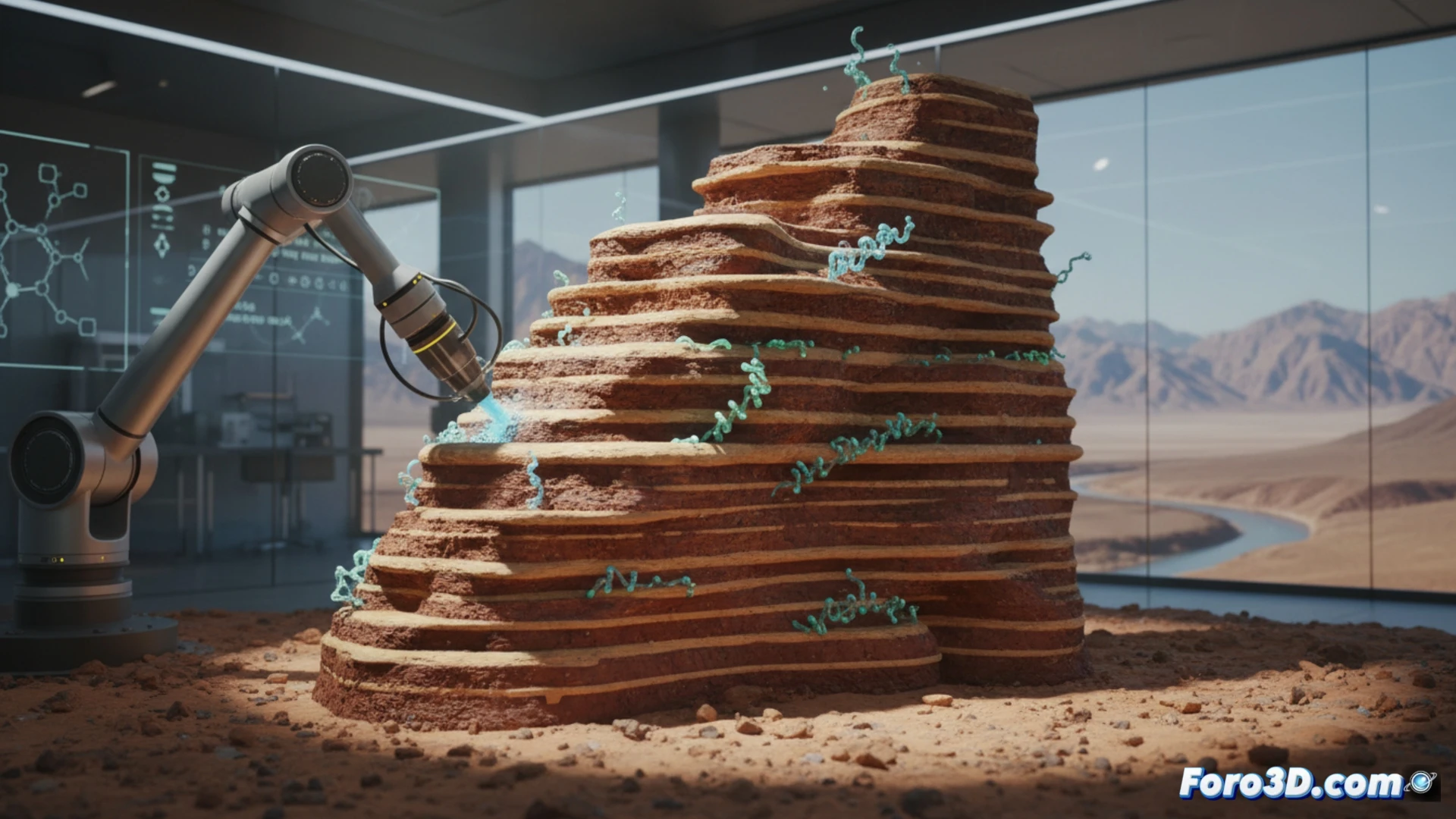 3D printing nozzle extruding natural earth composite biopolymer mixture onto a layered wall structure, deposition process showing smooth flow of clay-sand paste, cross-section revealing bonded layers with visible fiber reinforcement, robotic arm mechanism positioned above, schematic holographic overlay indicating material flow and rheology optimization, cinematic engineering visualization, warm earthy tones with bright nozzle glow, photorealistic technical render, dynamic action shot during additive manufacturing