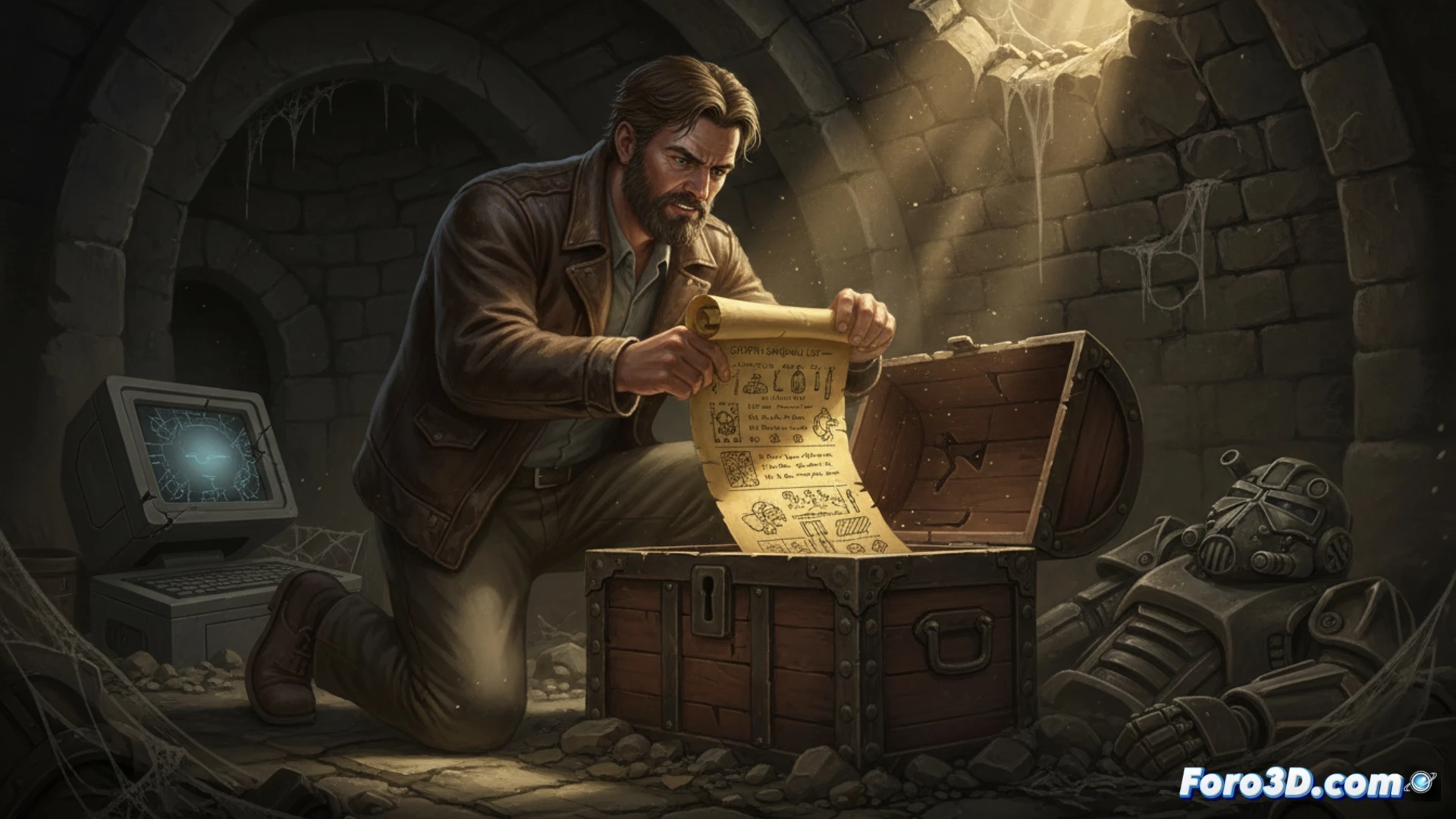 Una mano sostiene un papel amarillento con texto manuscrito de GURPS; al fondo, un borroso diseño del Vault Boy y dados de rol.