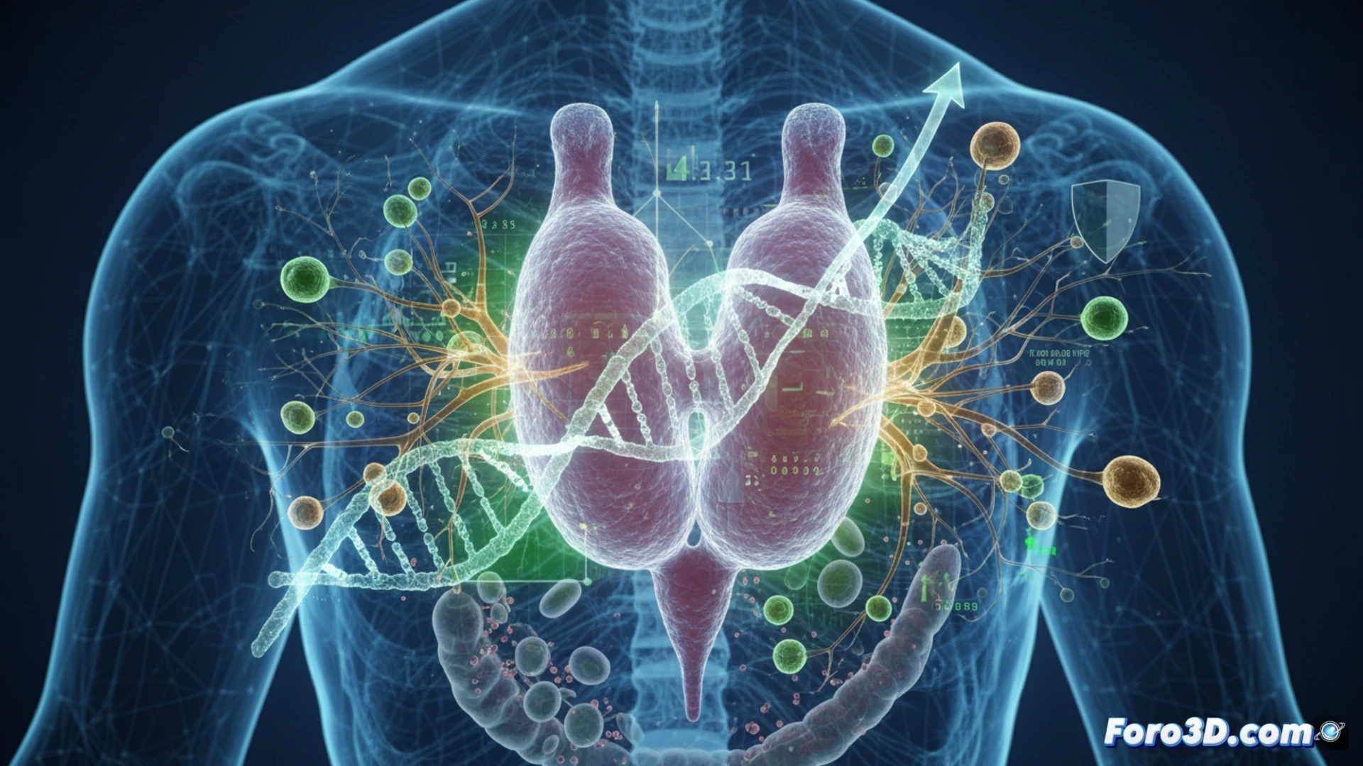 Timo en 3D, glándula torácica detrás del esternón, tomografía computarizada colorida que predice longevidad e inmunoterapia