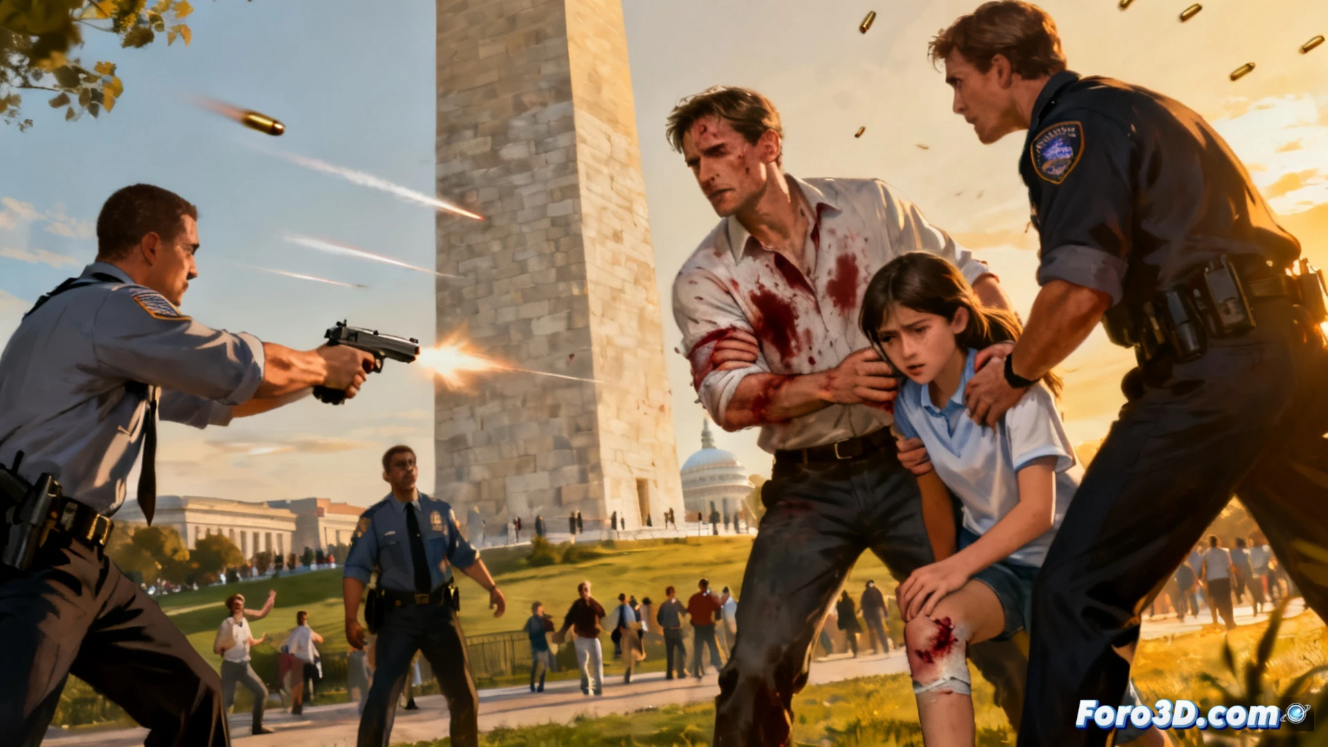 Un adulto herido yace en el césped cerca del Monumento a Washington, rodeado por agentes del Servicio Secreto armados y ambulancias.