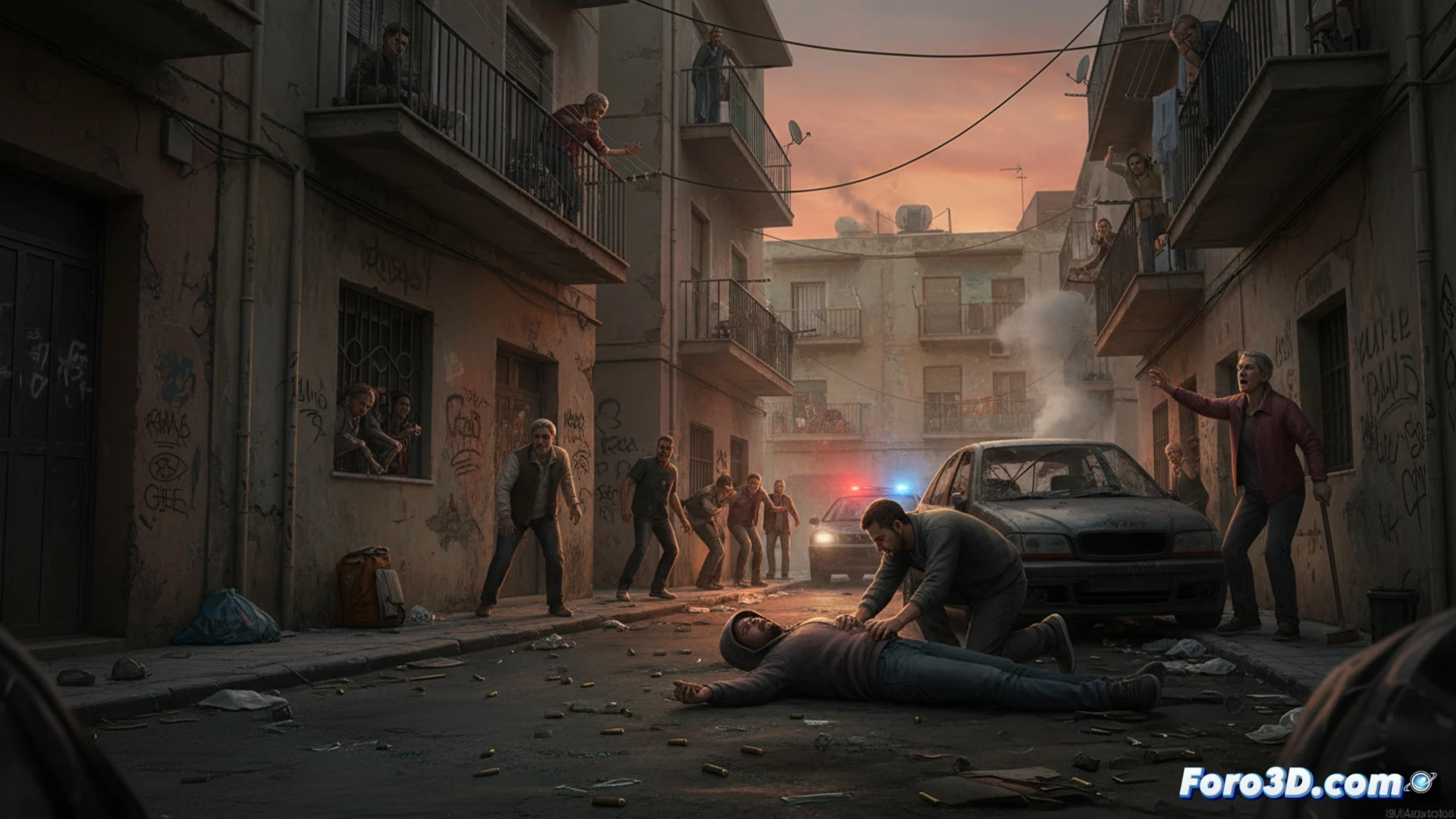 narrow alleyway in Las Tres Mil Viviendas housing project at dusk, two figures in hooded jackets running in opposite directions, one man collapsing while clutching his shoulder, a discarded handgun on the asphalt, bullet casing ejecting mid-air, shattered streetlamp flickering, graffiti-covered walls, broken glass fragments scattering, security camera with blinking red light mounted on a corroded metal pole, cinematic photorealistic style, dramatic chiaroscuro lighting, deep shadows, wet pavement reflecting neon glows, tense action frozen in time, ultra-detailed urban decay textures
