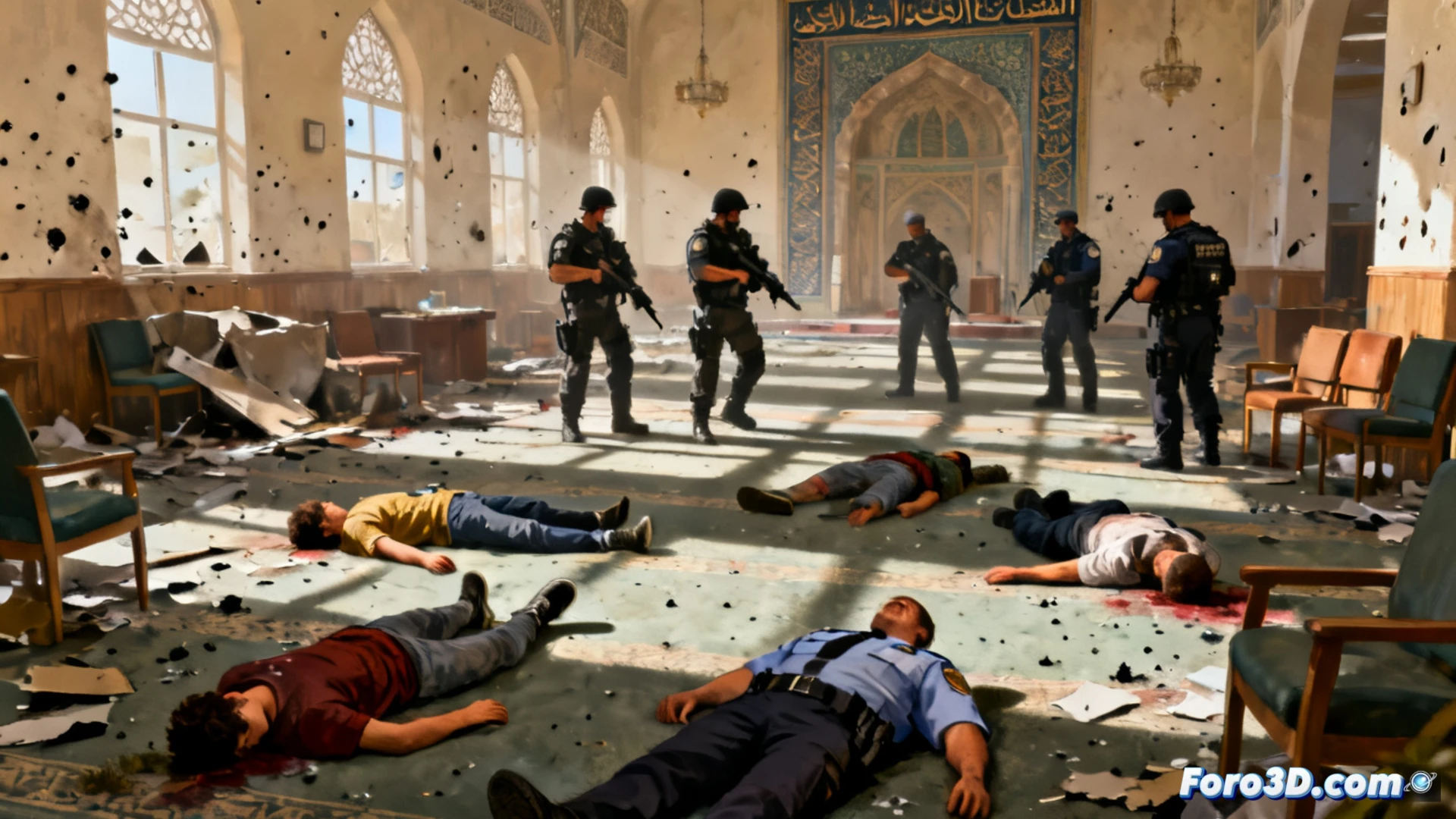 Cinematic photorealistic scene inside a large Islamic center prayer hall at midday, shattered glass on patterned carpet, three adult bodies lying motionless near overturned wooden benches, two teenage attackers collapsed with self-inflicted wounds near a side entrance, a security guard in uniform slumped against a wall with a handgun nearby, police tactical team entering through broken doors with rifles raised, red laser dots sweeping across walls, empty shell casings scattered on floor, dramatic shadows from high windows, bloodstains reflecting emergency lights, ultra-detailed architectural interior with geometric tile patterns, somber natural lighting, no visible text or numbers, realistic forensic crime scene visualization.