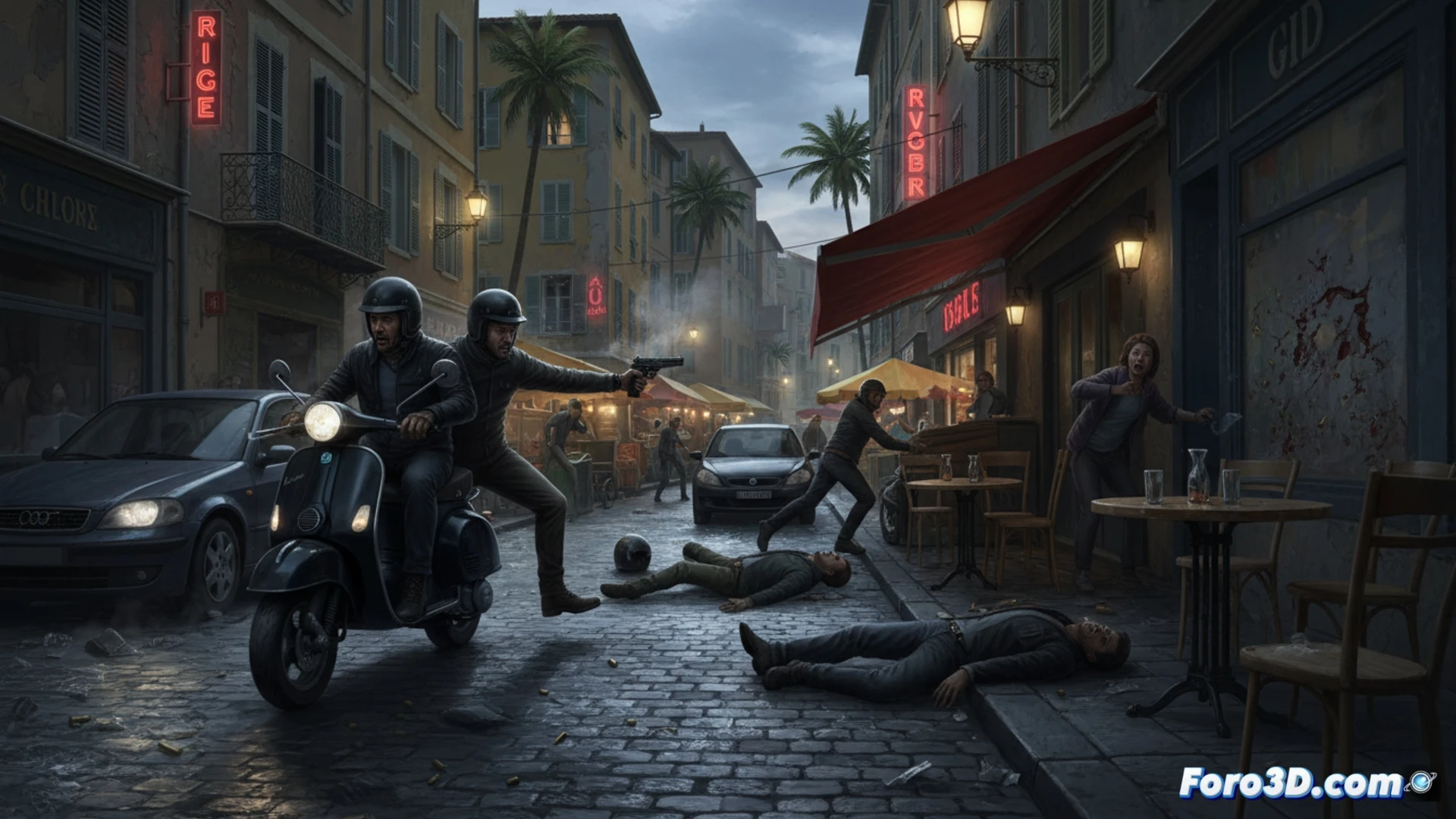Escena nocturna en Niza: un scooter derrapa junto a un charco de sangre bajo farolas; dos cuerpos yacen en el asfalto mientras agentes de policía acordonan la zona con cintas amarillas.