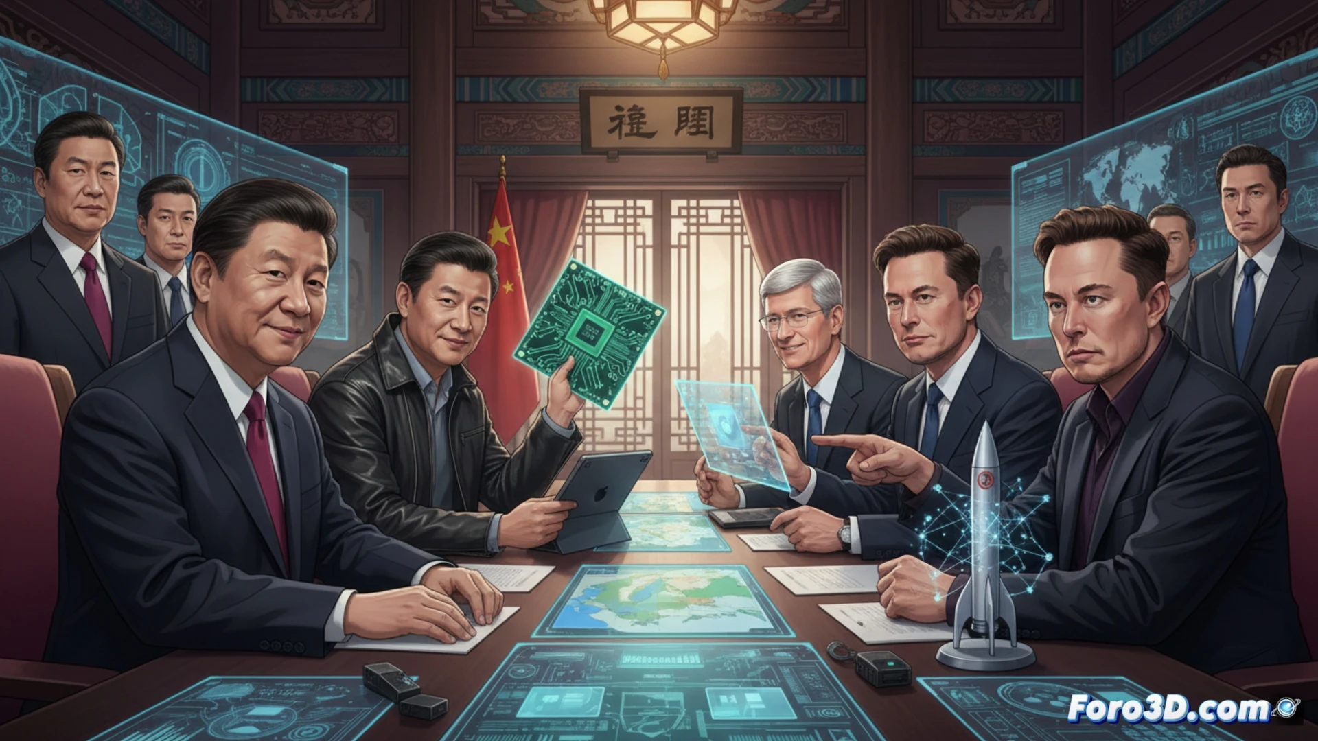 Un salón de reuniones en Pekín, con Xi Jinping y Donald Trump al centro; Tim Cook, Jensen Huang y Elon Musk observan desde atrás.