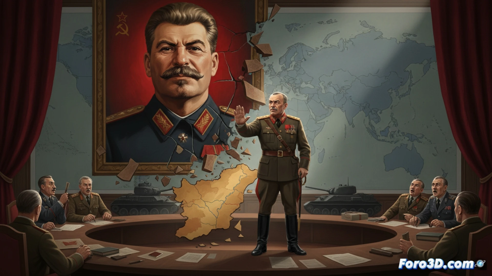 Josip Broz Tito de pie frente a un mapa estratégico de Yugoslavia, señalando con firmeza una ruta independiente mientras un teléfono rojo desconectado yace sobre la mesa, documentos clasificados esparcidos muestran sellos de rechazo soviético, fondo con bandera yugoslava ondeando y un retrato de Stalin parcialmente oculto bajo sombras, demostrando ruptura política, estilo fotorealista cinematográfico, iluminación dramática en claroscuro, texturas de papel envejecido y metal, composición de poder y desafío, ultra detallado, render técnico de época