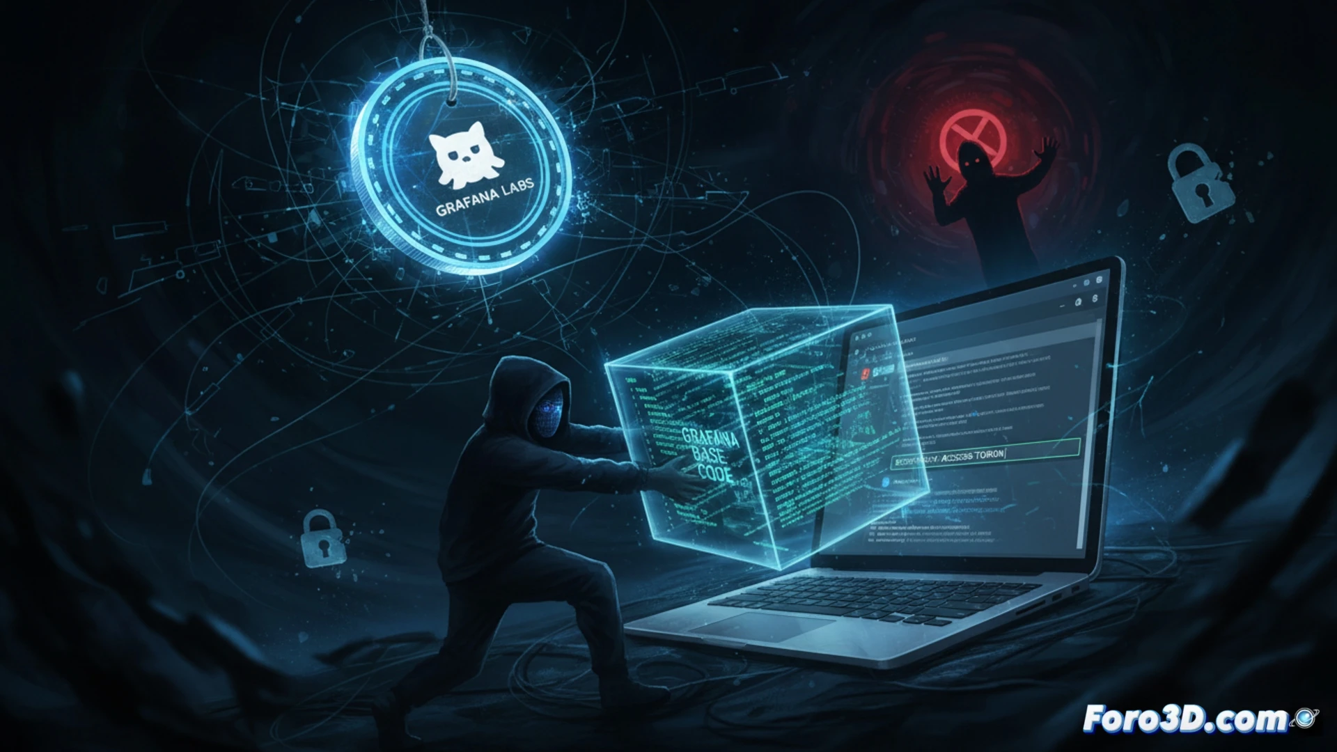 Photorealistic technical illustration of a security breach scene, a GitHub repository interface displayed on a monitor showing a leaked personal access token highlighted in red, a hooded figure remotely cloning a private Grafana Labs codebase from a laptop, glowing digital lock icon breaking apart above the repository, server racks in background with warning alerts flashing, cinematic lighting with blue and red neon tones, detailed keyboard and code on screens, dramatic shadows, ultra-realistic cyberattack visualization