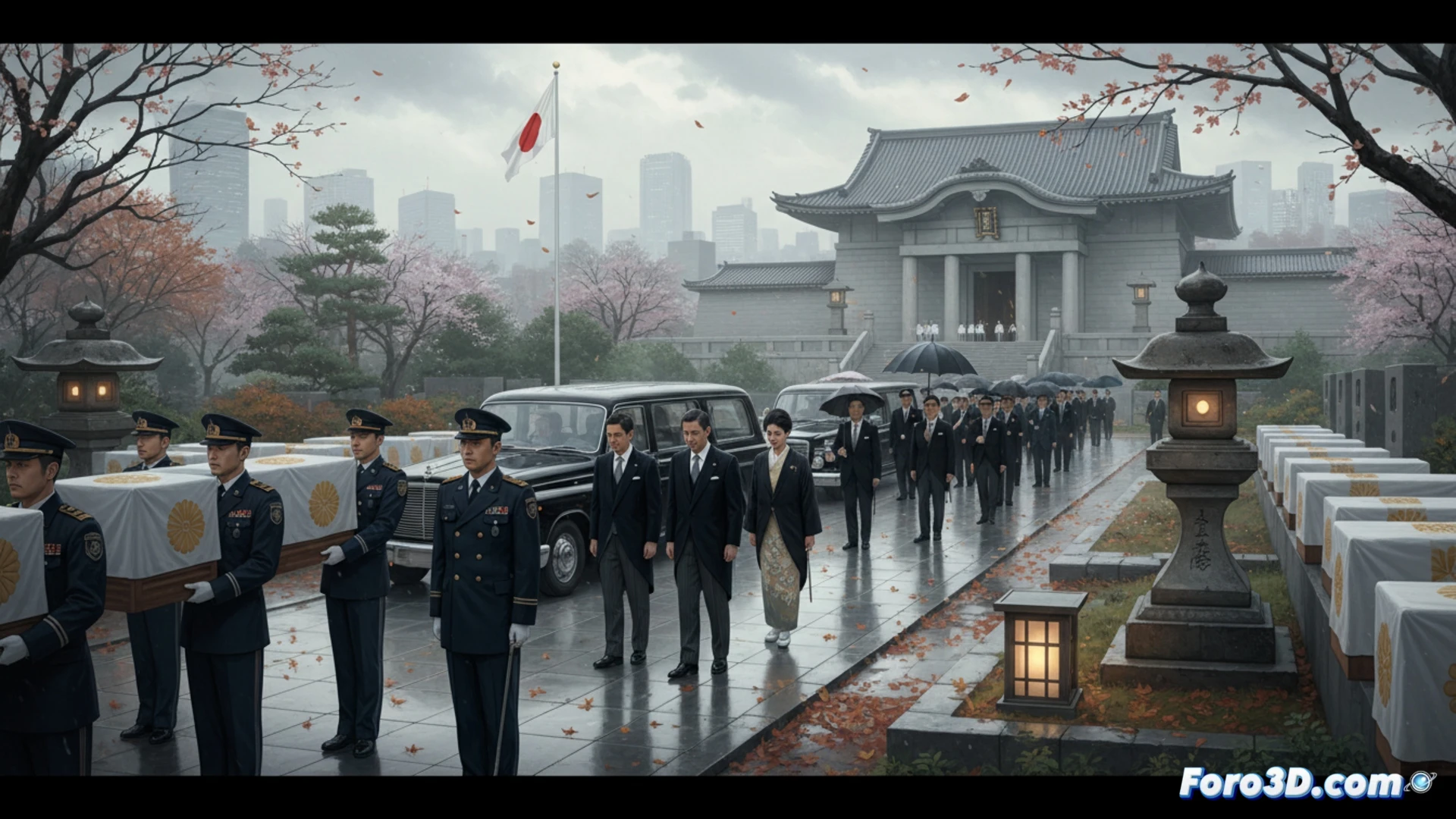 Japanese government workers in white gloves and formal suits carefully carrying small wooden caskets wrapped in white cloth from a military transport vehicle at Chidorigafuchi Cemetery, solemn ceremony with Prince Akishino and his wife bowing in mourning, cherry blossom trees in background, rows of uniformed officials standing at attention, photorealistic cinematic style, soft overcast daylight, respectful atmosphere, ultra-detailed traditional Japanese architecture, memorial stone wall with engraved names, misty morning light filtering through trees, emotional documentary photography aesthetic
