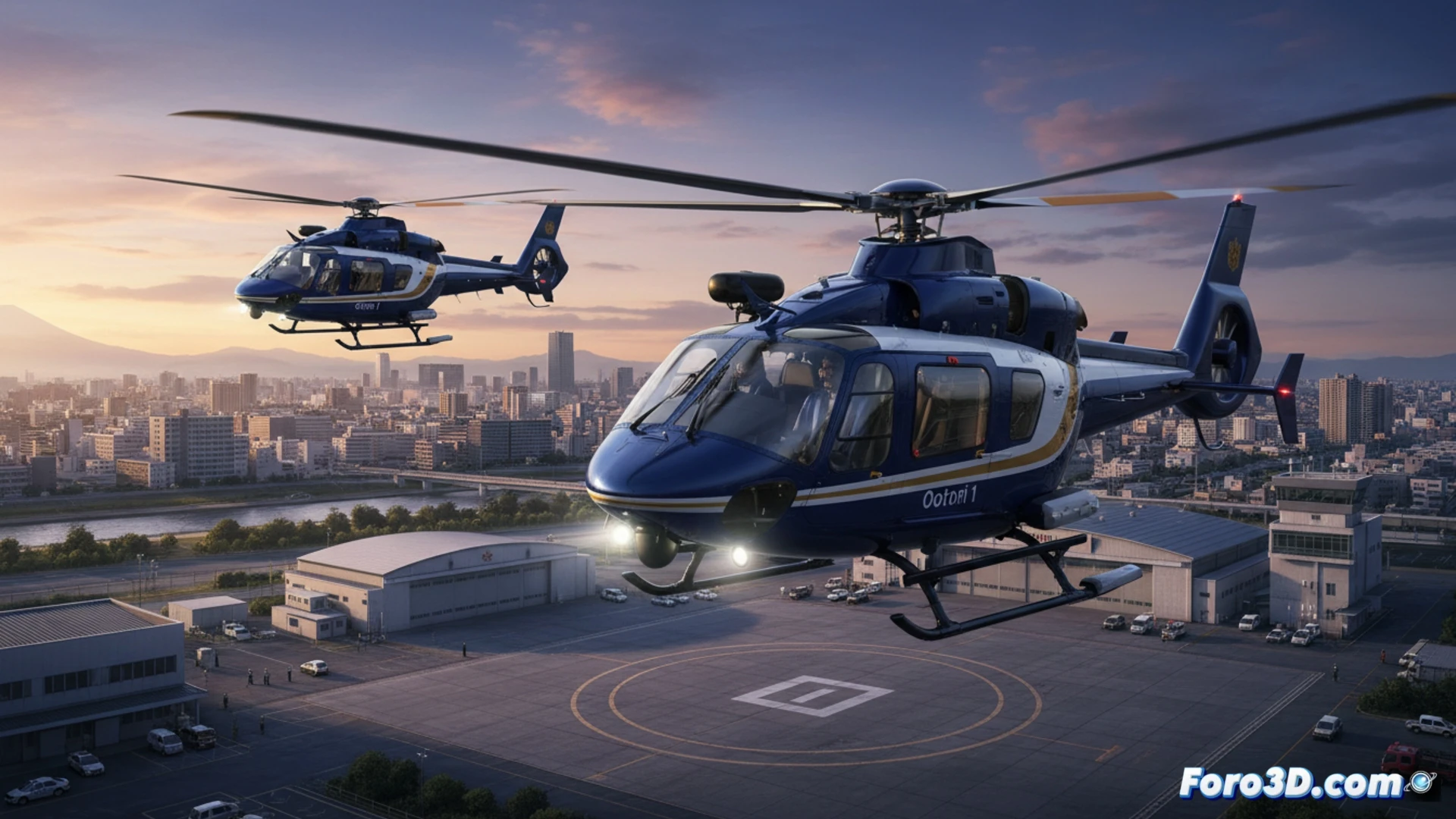 two Leonardo AW139 helicopters hovering over Tokyo Bay near Koto Heliport, rescue hoist cable extending from open side door, emergency medical equipment visible inside cabin, paramedics in bright orange suits preparing for water rescue, one aircraft in landing approach with landing skids deployed, Tachikawa Air Base control tower in background, sunset golden hour lighting, rotor wash creating ripples on water surface, photorealistic technical illustration, cinematic aerial action shot, ultra-detailed rotor blades in motion, realistic metallic fuselage reflections, safety orange and white police livery, emergency beacon lights flashing.