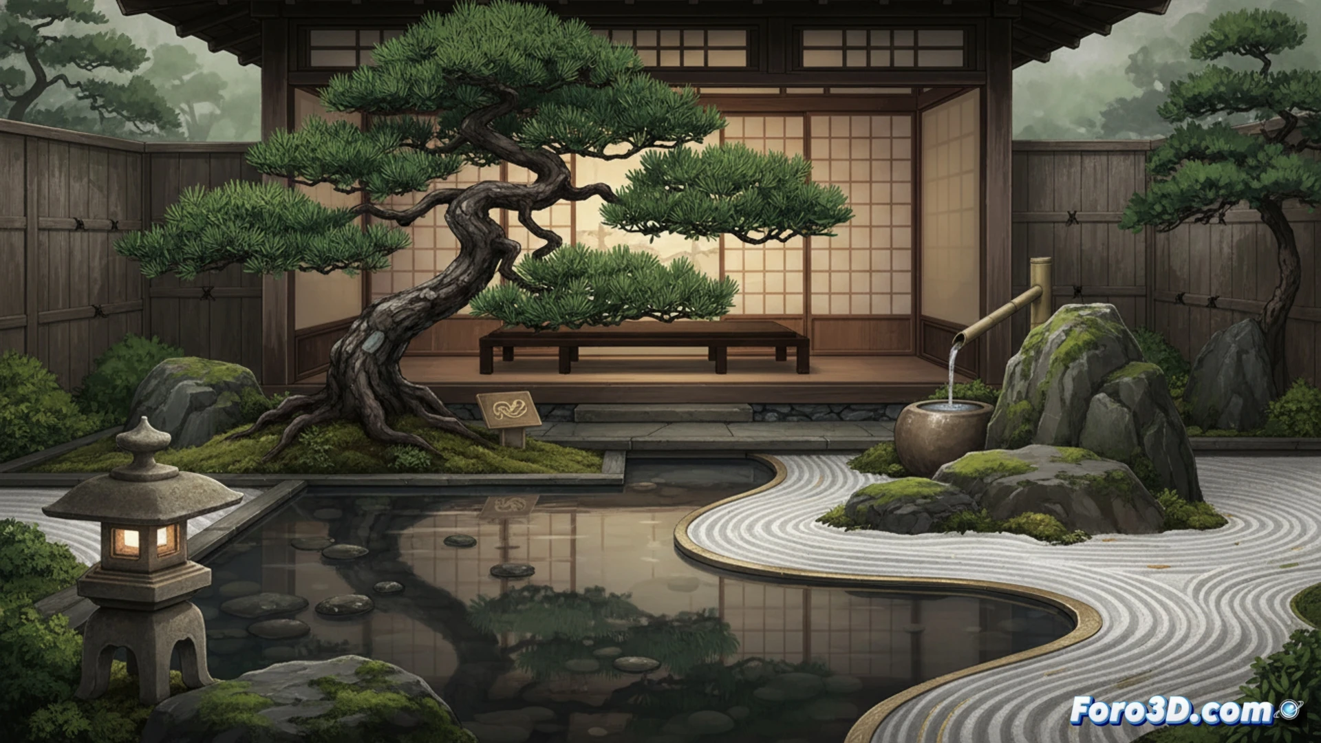 jardín japonés en miniatura con estanque koi reflectante, puente de madera lacada en rojo sobre grava blanca rastrillada, linterna de piedra y bonsái de pino negro, diseñador nipón arrodillado ajustando una roca con pinzas de precisión durante el montaje en Chelsea Flower Show, fondo de toldo de lona blanca y vallas de exposición, luz natural suave de invernadero, estilo cinematográfico fotorrealista, texturas de musgo y corteza visibles, equilibrio estético tradicional japonés