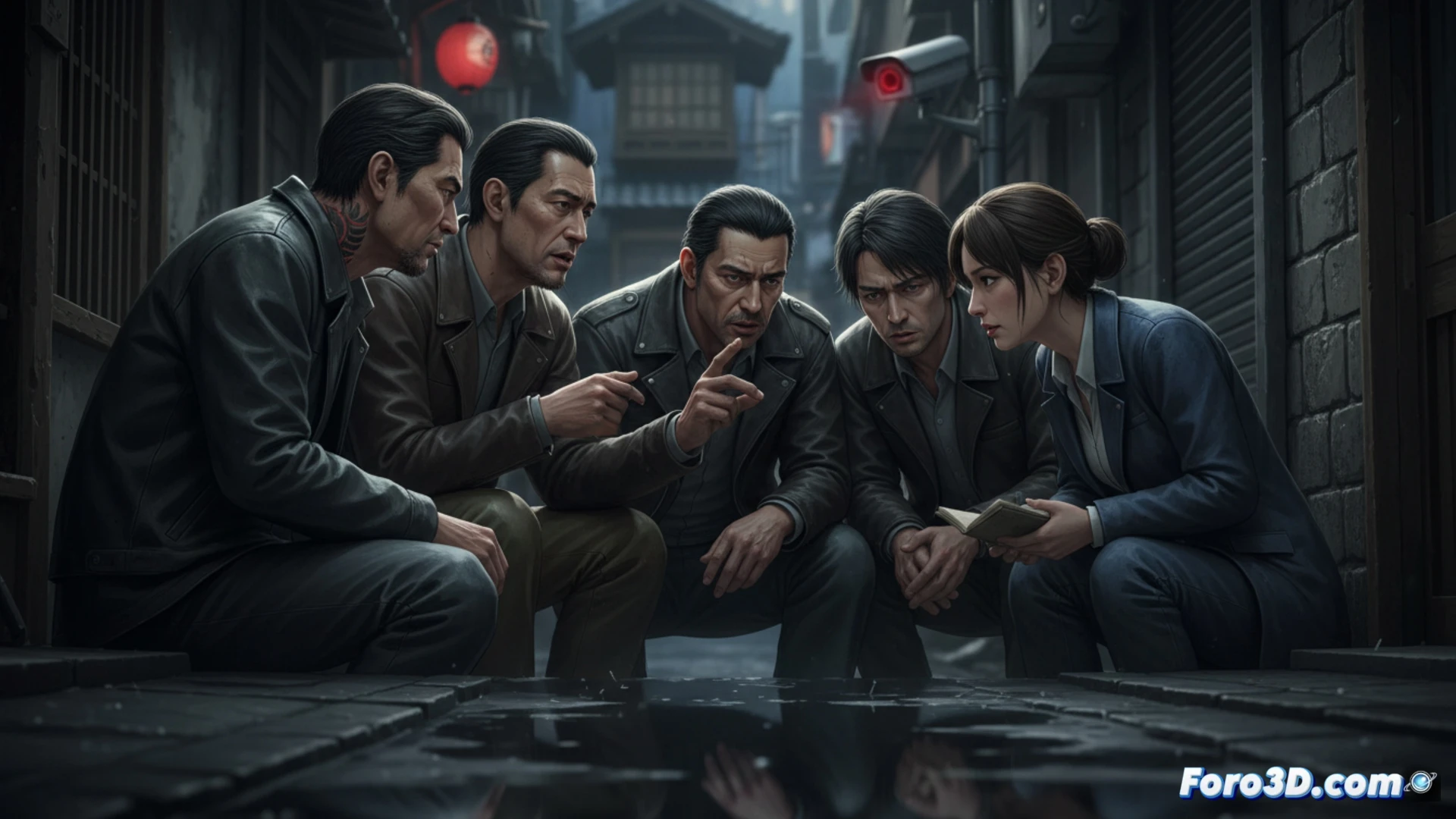 tokuryu criminal group members exchanging handwritten notes in a dimly lit izakaya back room, one man passing a folded paper under a table while another nods subtly, no phones visible, old-fashioned cash envelopes and a burner flip phone on the sticky counter, cinematic noir lighting with deep shadows and amber neon glow leaking through blinds, photorealistic crime scene illustration, grainy film texture, tense body language, analog communication process replacing digital traces