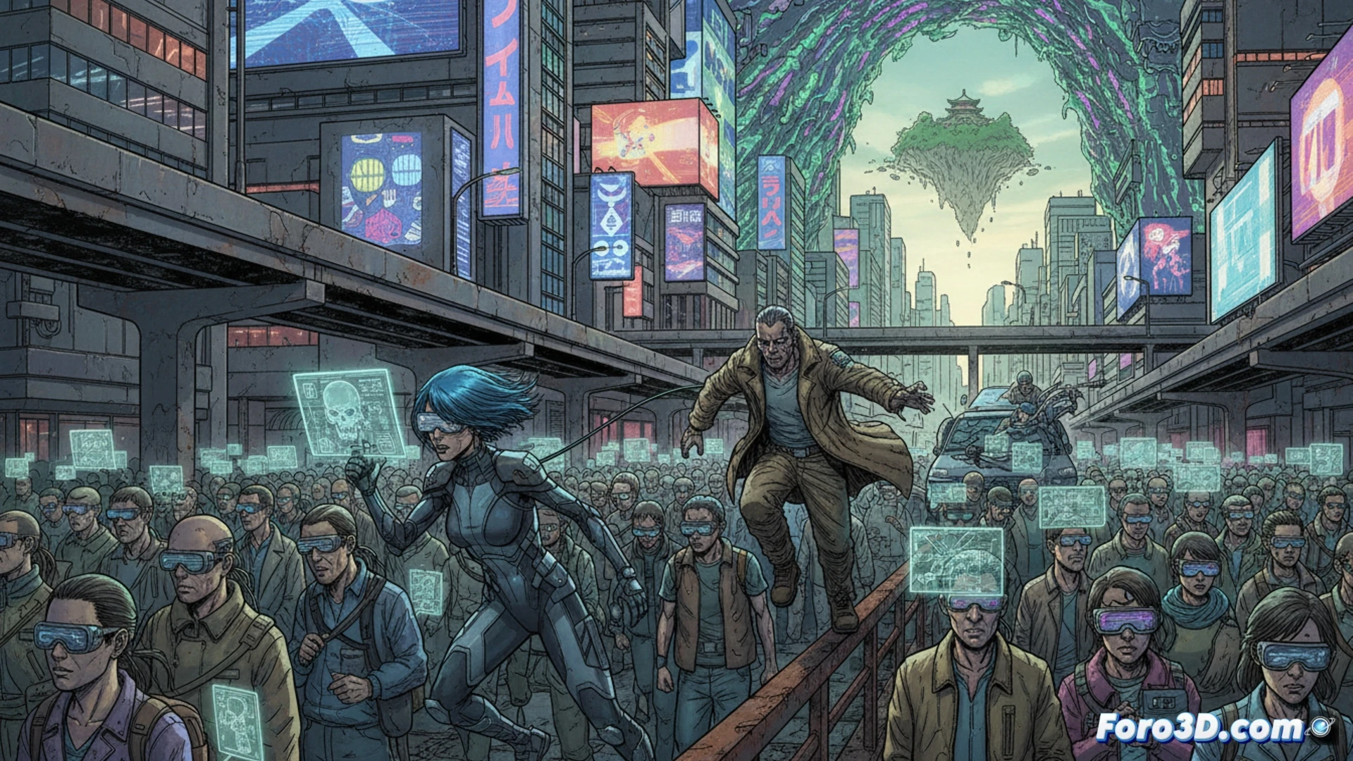 Ilustración ciberpunk de Tokio hiperconectado con pantallas y naturaleza en contraste, estilo cómic vibrante