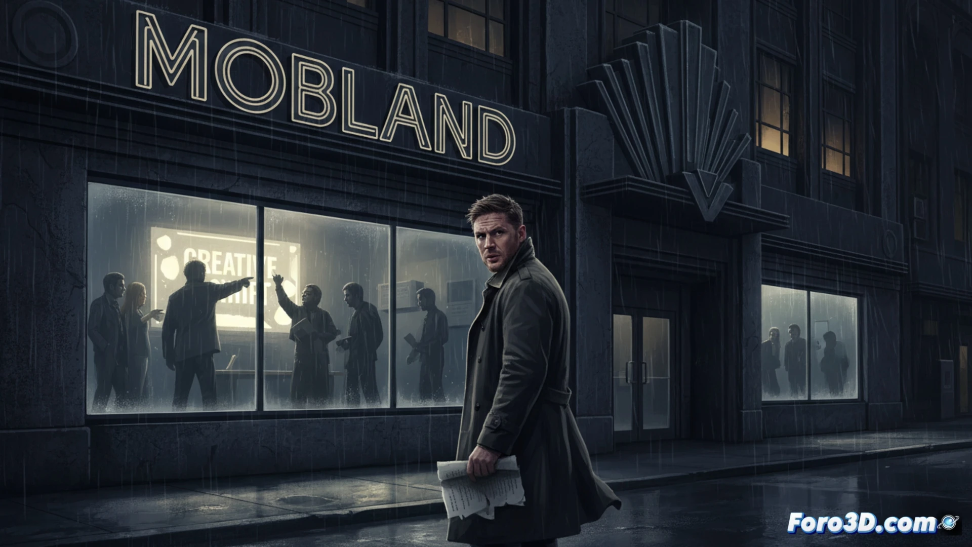 cinematic scene inside a high-end television production studio, a director s hand pressing a large red button labelled with a gear icon on a digital control panel, a script binder being torn in half by an unseen force, a clapperboard with cracked glass lying on a metallic table, a director s chair with the name Tom Hardy being pushed away from the frame, dramatic spotlight casting long shadows, scattered blueprints and storyboards on the floor, photorealistic technical illustration, dark moody lighting with cool blue and amber accents, ultra-detailed studio equipment, cinematic photography style