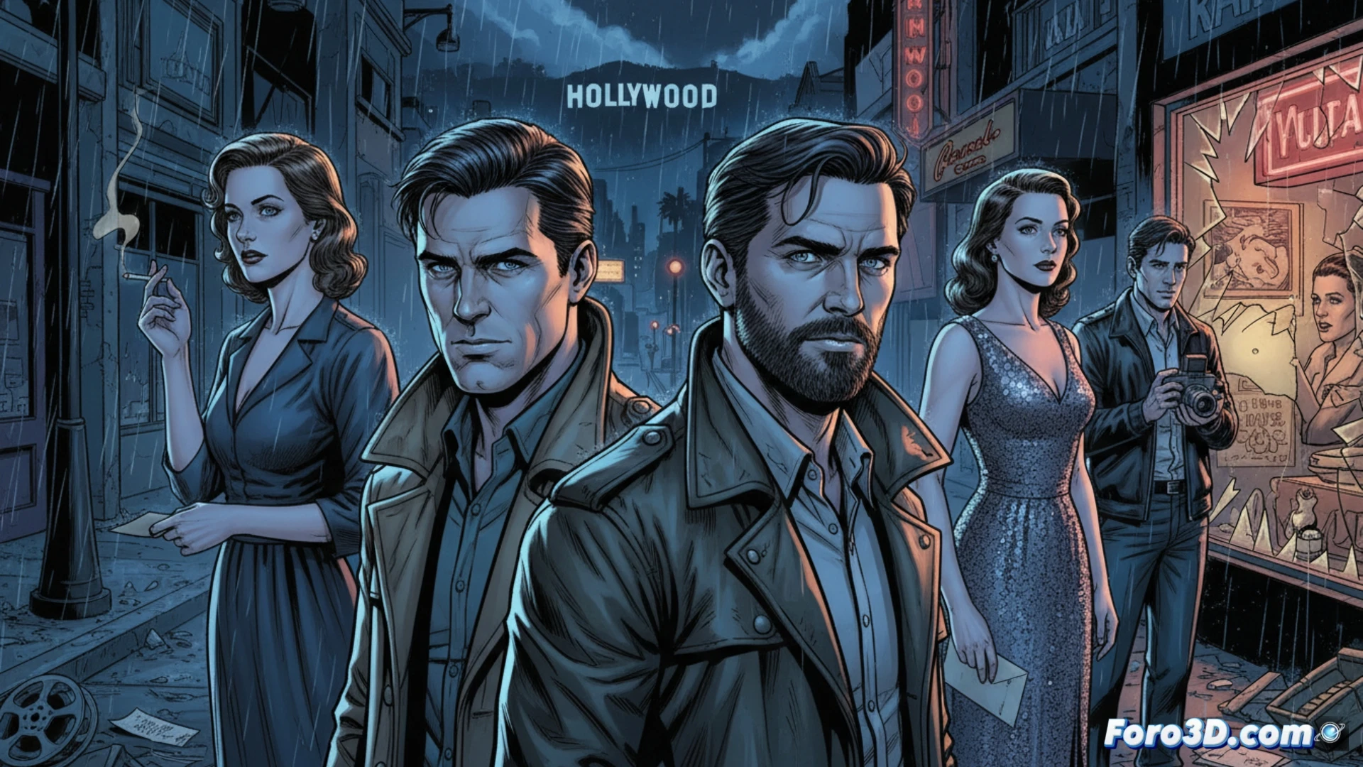 six actors standing around a director s monitor on a hollywood soundstage, one actor s chair empty with a spotlight casting a long shadow, a film clapperboard lying on the floor with cracked glass, neon studio lights flickering overhead, cables and boom microphones tangled in the foreground, noir-style shadows cutting across faces, cinematic photorealistic render, dark metallic tones, surveillance camera lens reflection in a monitor screen, fog machine haze drifting between lighting rigs, ultra-detailed textures of leather jackets and concrete floor