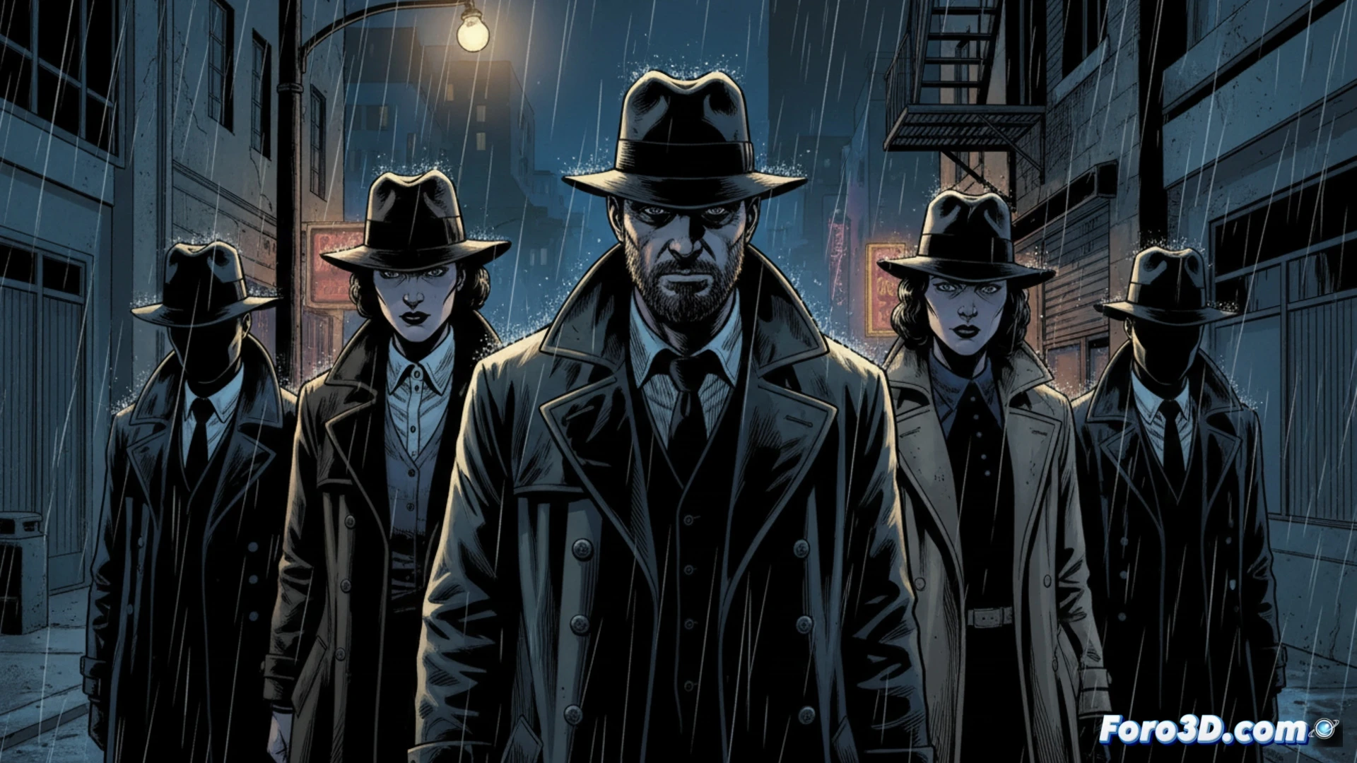 cinematic noir scene of six shadowy figures in vintage Hollywood costumes standing around a 1960s film projector, projector beam cutting through cigarette smoke, revealing half-developed film strips with overlapping faces and blurred reality, one figure holding a vintage microphone, another adjusting a reel, film grain texture on walls, dark alley visible through cracked door behind them, dramatic chiaroscuro lighting, deep blacks and high contrast, photorealistic technical illustration, ultra-detailed period props, motion blur on spinning reel, dust particles illuminated in light beam, moody amber and blue color palette, 8k cinematic render