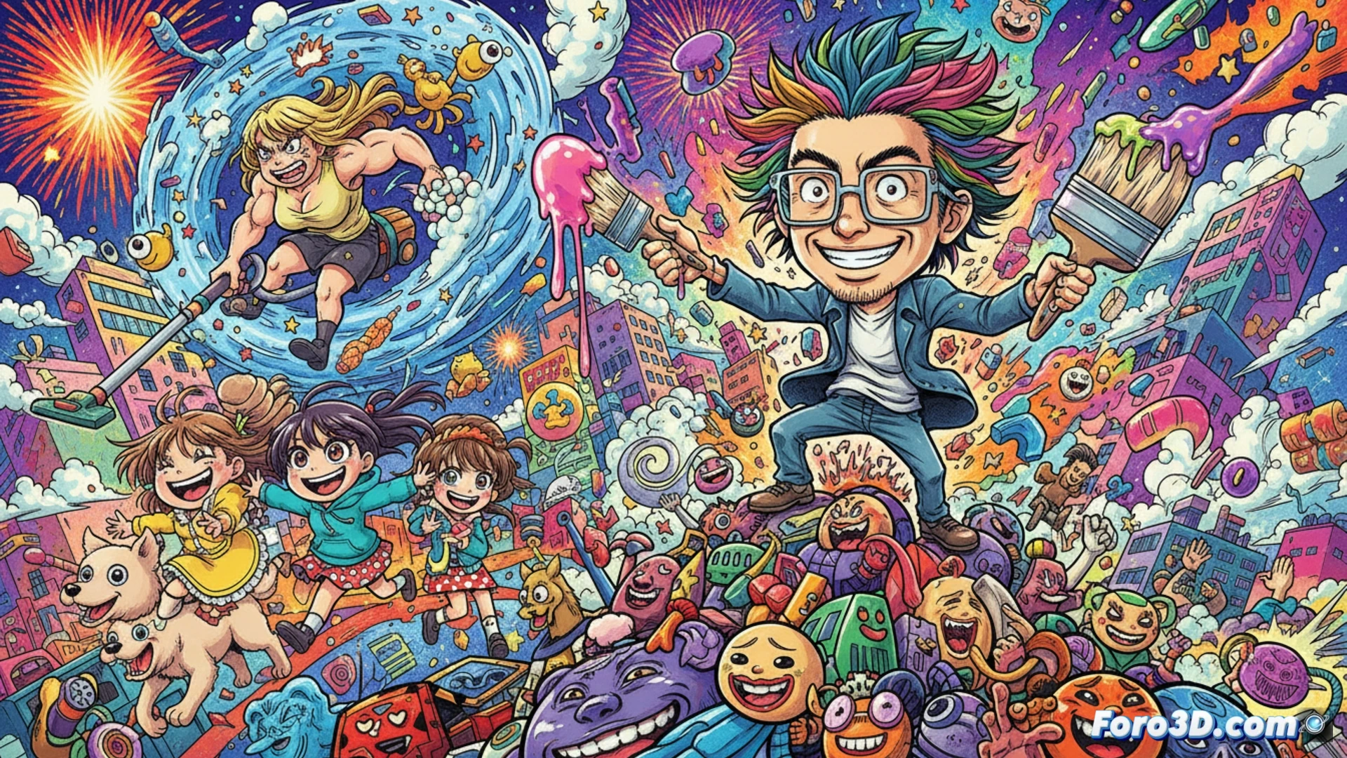 Un festival visual de colores vibrantes, caras deformadas y gestos exagerados que explotan en comedia optimista.