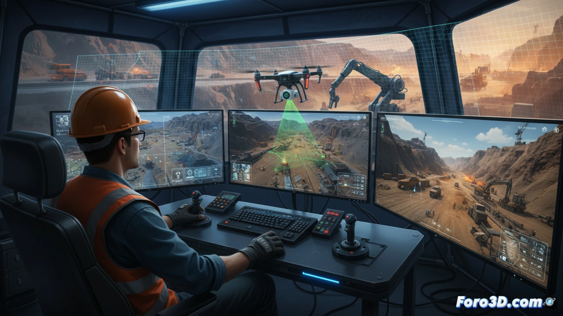 Topógrafo usando escáner LiDAR en terreno irregular con equipo de seguridad y tecnología 3D para medición remota