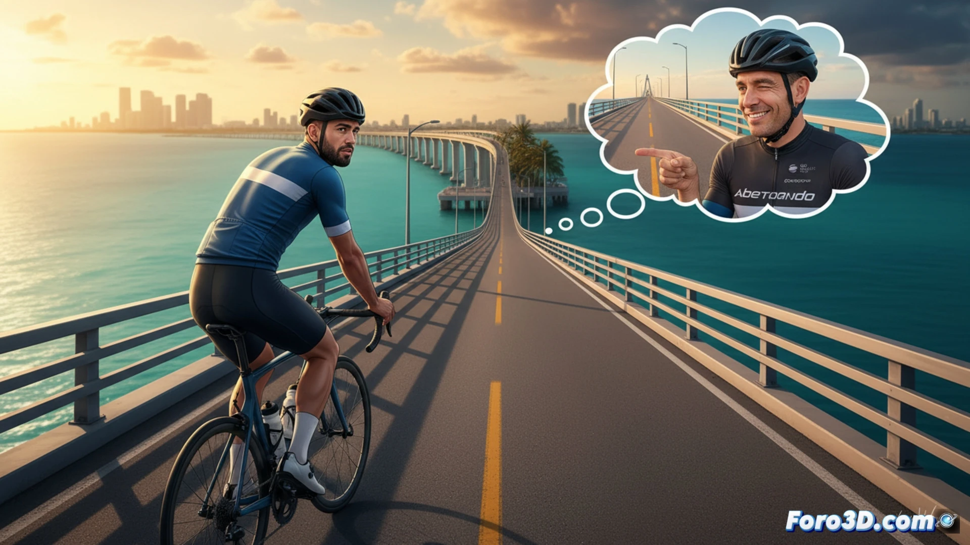 UFC fighter Ilia Topuria pedaling a road bike across Miami's Rickenbacker Causeway bridge, sweat on temple, bike computer showing power output data, smartphone mounted on handlebars displaying Twitter notification from Alberto Contador, rear wheel motion blur, Miami skyline and turquoise bay in background, photorealistic sports photography style, bright Florida sunlight casting sharp shadows on asphalt, carbon fiber frame details visible, dramatic athletic action shot