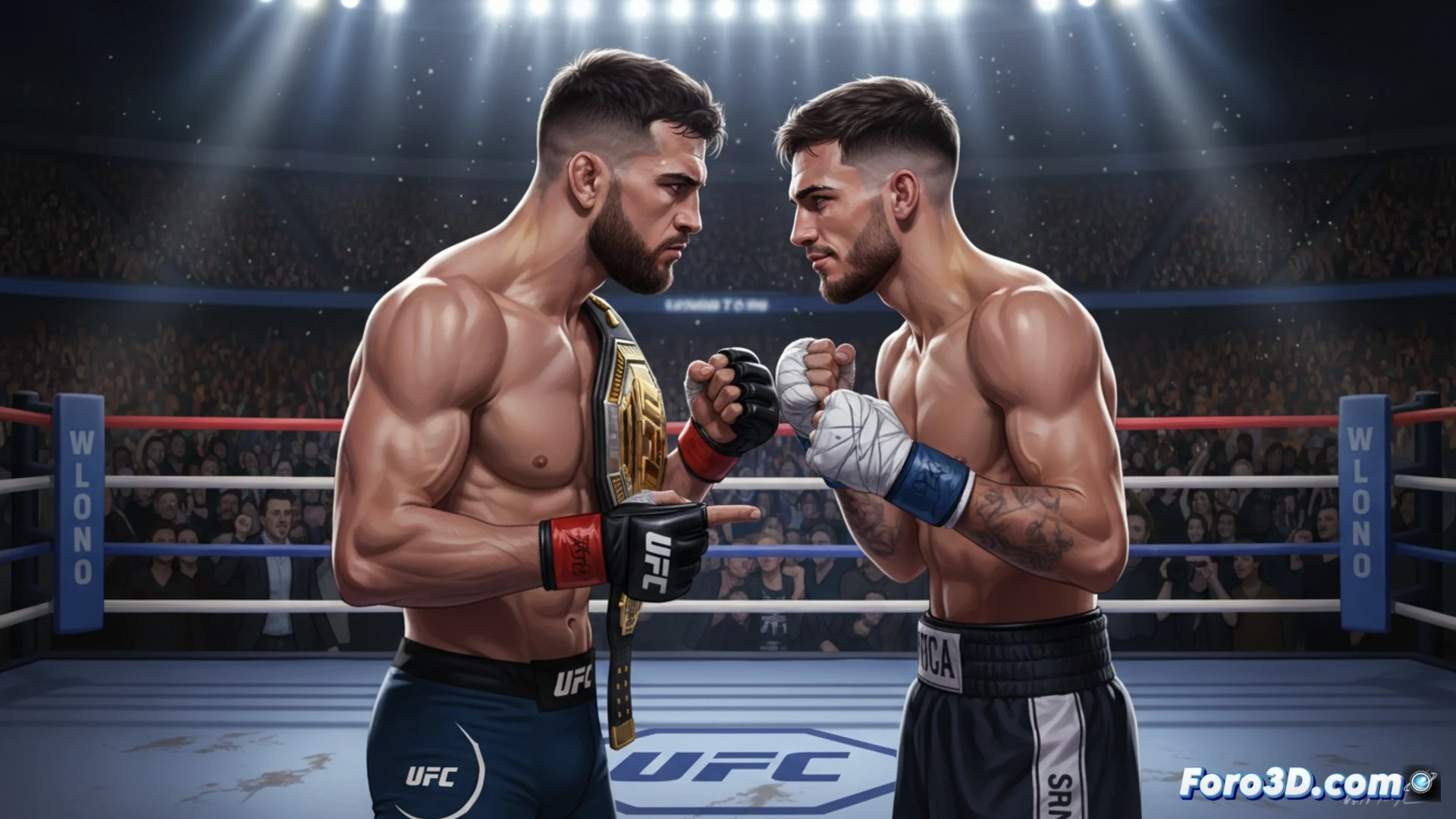 Two fighters facing off in a boxing ring, Ilia Topuria in MMA shorts throwing a precise left hook while Ryan García in boxing trunks dodging with a head slip, sweat droplets frozen mid-air, boxing gloves with visible wear marks, ring ropes under dramatic spotlights, crowd silhouettes blurred in background, cinematic photorealistic style, high-contrast lighting, motion blur on fists, technical footwork detail showing pivot steps on canvas, intense eye contact during action