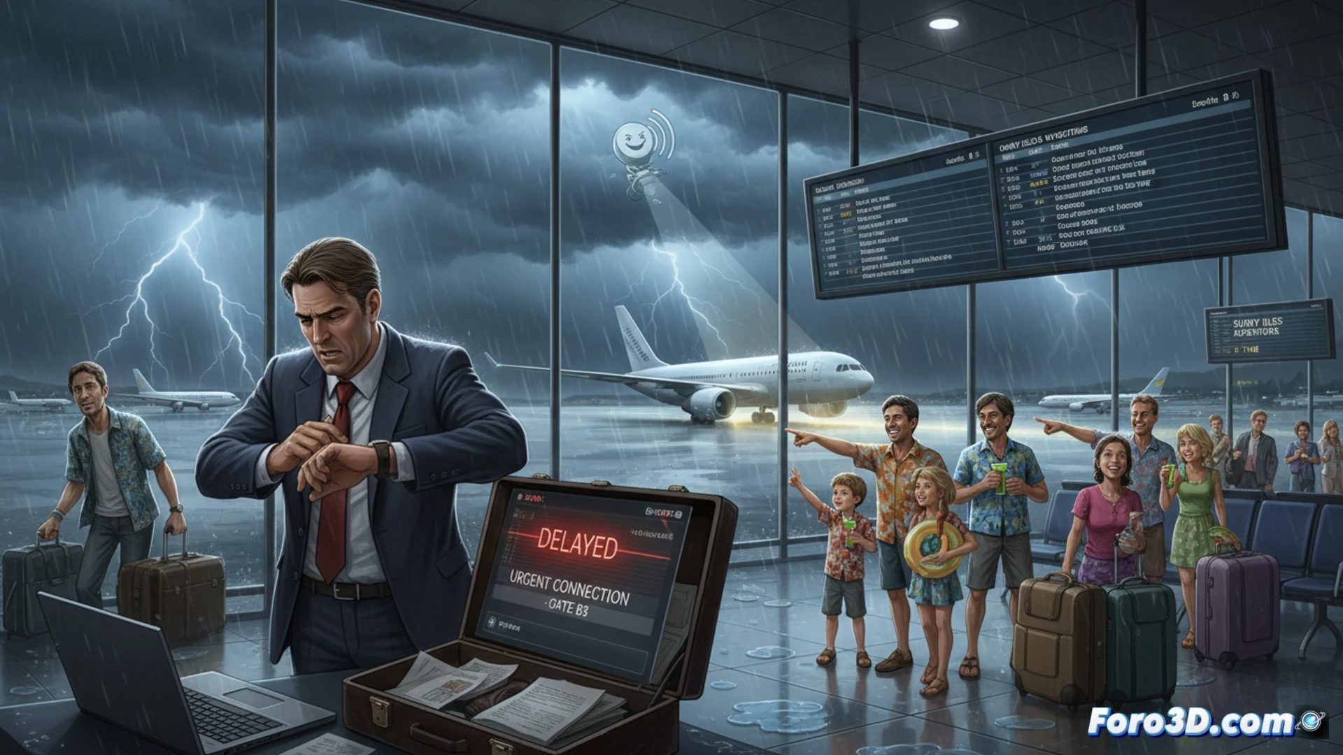 passenger sprinting through airport terminal during summer storm, boarding gate with delayed connecting flight, lightning illuminating runway through floor-to-ceiling windows, other planes departing on time under dark clouds, holographic flight board showing cancelled connections, raindrops streaking glass, motion blur on running figure, cinematic engineering visualization, wet floor reflections, dramatic storm lighting, photorealistic airport interior, tension and urgency in composition