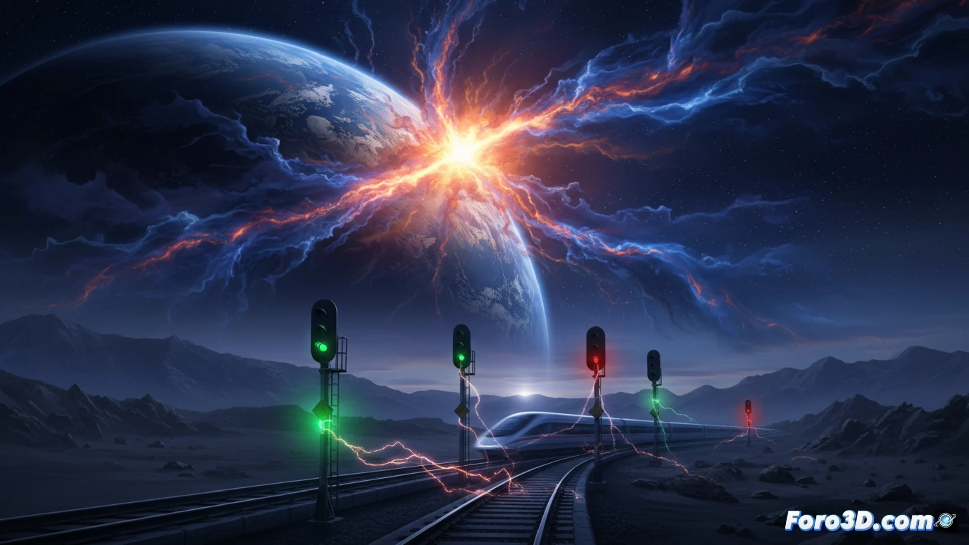 cinematic wide shot of a railway signal box interior at night, glowing green signal light flickering without human input, technician observing oscilloscope showing geomagnetic current spikes, copper wires and relay panels with visible spark gaps, vias ferreas outside illuminated by aurora borealis, photorealistic technical illustration, dramatic blue and red lighting, high contrast, industrial safety warning signs on walls, detailed electronic components, motion blur on spinning hard drives nearby