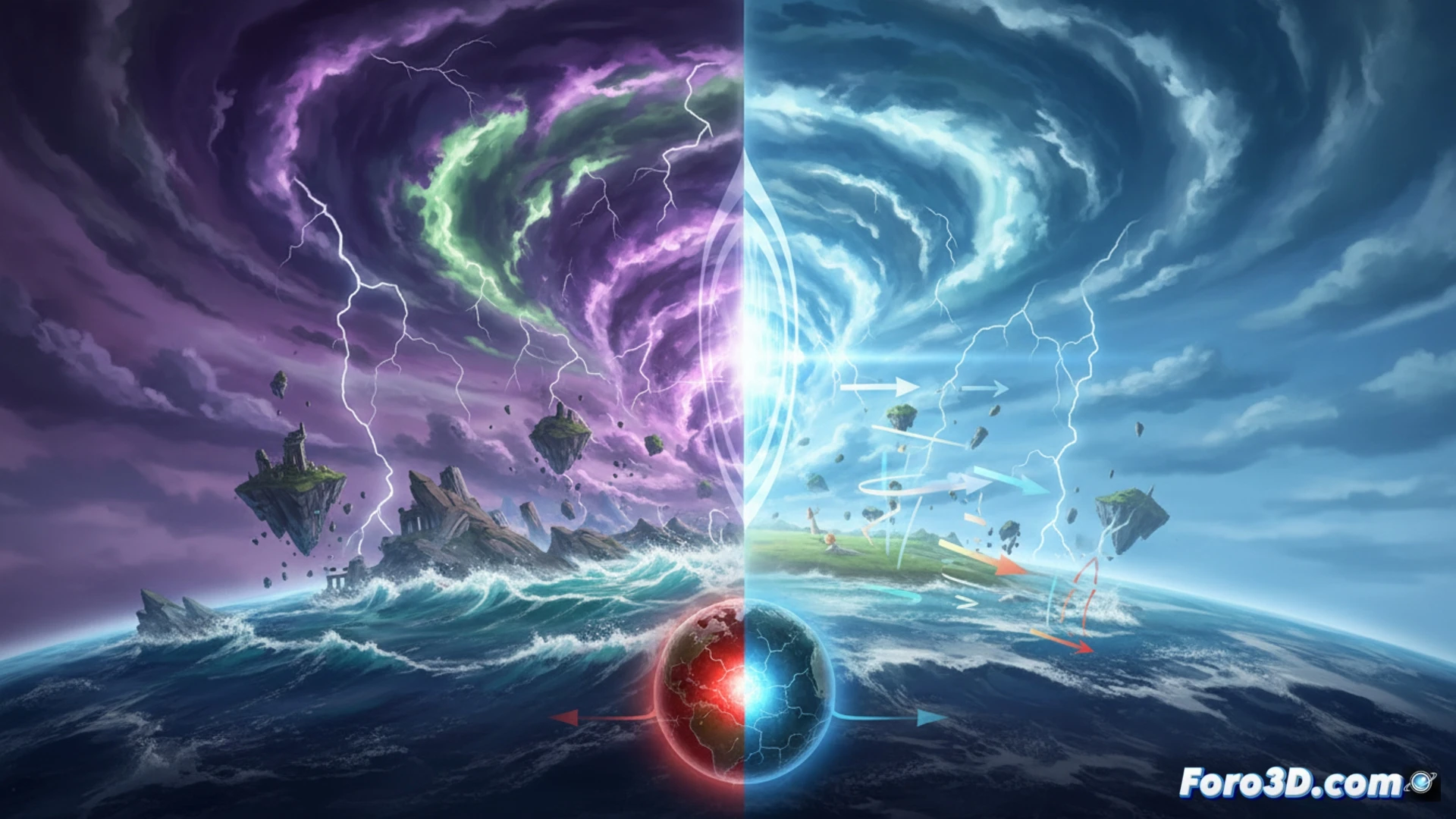 cinematic scene of a storm system over a fantasy landscape, a massive lightning bolt frozen mid-strike above a cracked stone platform, atmospheric physics simulation showing warm moist air rising from the ground while cold dry air descends from the upper atmosphere, the air currents visibly colliding and breaking apart, a glowing energy core on the platform flickering as it fails to sustain the storm, scientific instruments like anemometers and barometers placed around the scene measuring instability, dark storm clouds with turbulent edges, dramatic cinematic lighting from the lightning, photorealistic technical visualization