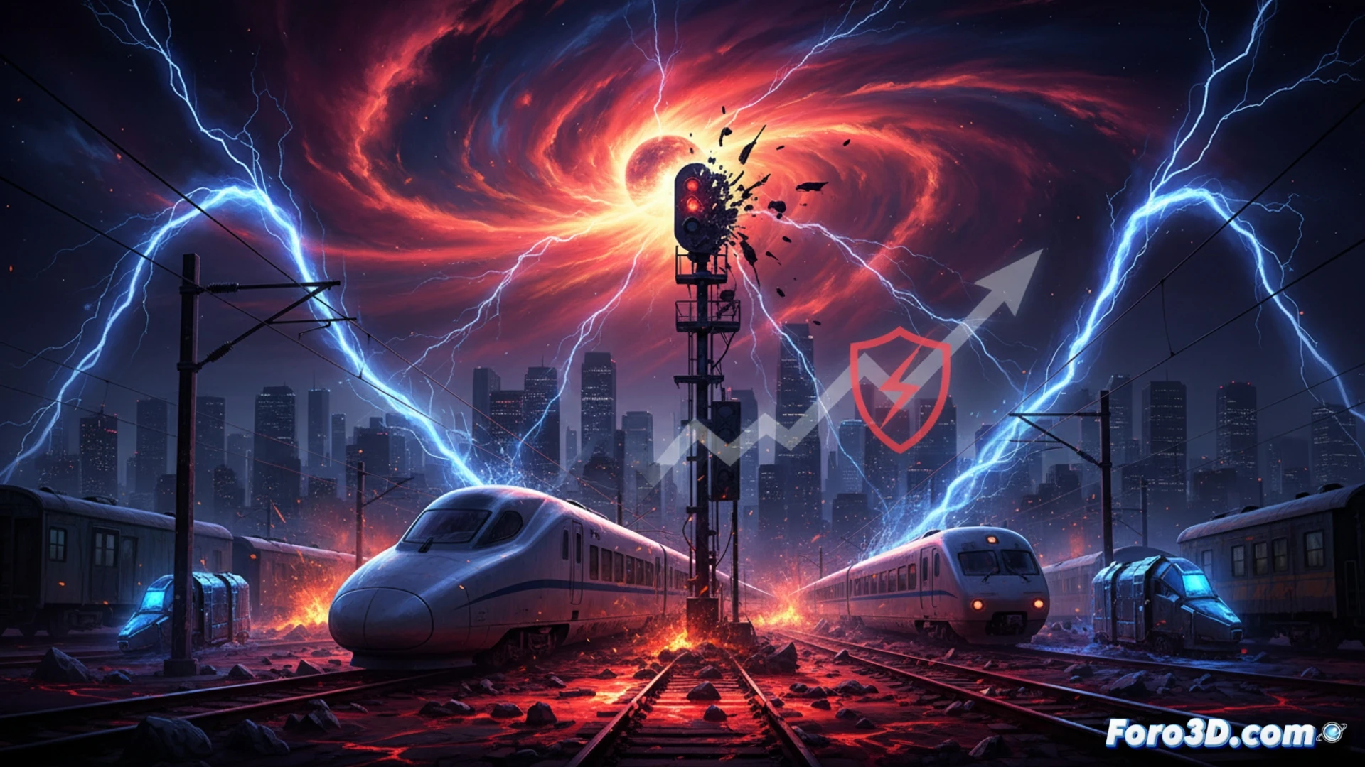 storm approaching a modern high-speed railway junction, solar flare particles interacting with exposed signal relay cabinets on trackside poles, red warning indicators flickering on outdated control panels, maintenance engineer holding an electromagnetic field meter near a malfunctioning switch, glowing orange plasma waves distorting the sky above, cinematic engineering visualization, photorealistic rendering, dramatic storm lighting, metallic reflections on rails and equipment, detailed circuit boards visible through open panels, high contrast between dark storm clouds and bright electrical sparks
