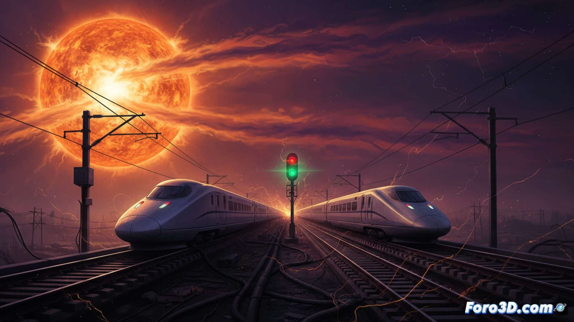 photorealistic cinematic scene of a train control room at night, railway signal panel showing green lights flickering from red to green without human intervention, electromagnetic interference waves visualized as glowing orange arcs disrupting circuit boards and relay switches, solar flare particles streaming from an open window onto electronic equipment, distressed technician watching the anomaly, technical hardware with exposed wiring and blinking LEDs, dramatic blue and amber industrial lighting, ultra-detailed metal surfaces, high-contrast shadows, engineering visualization style