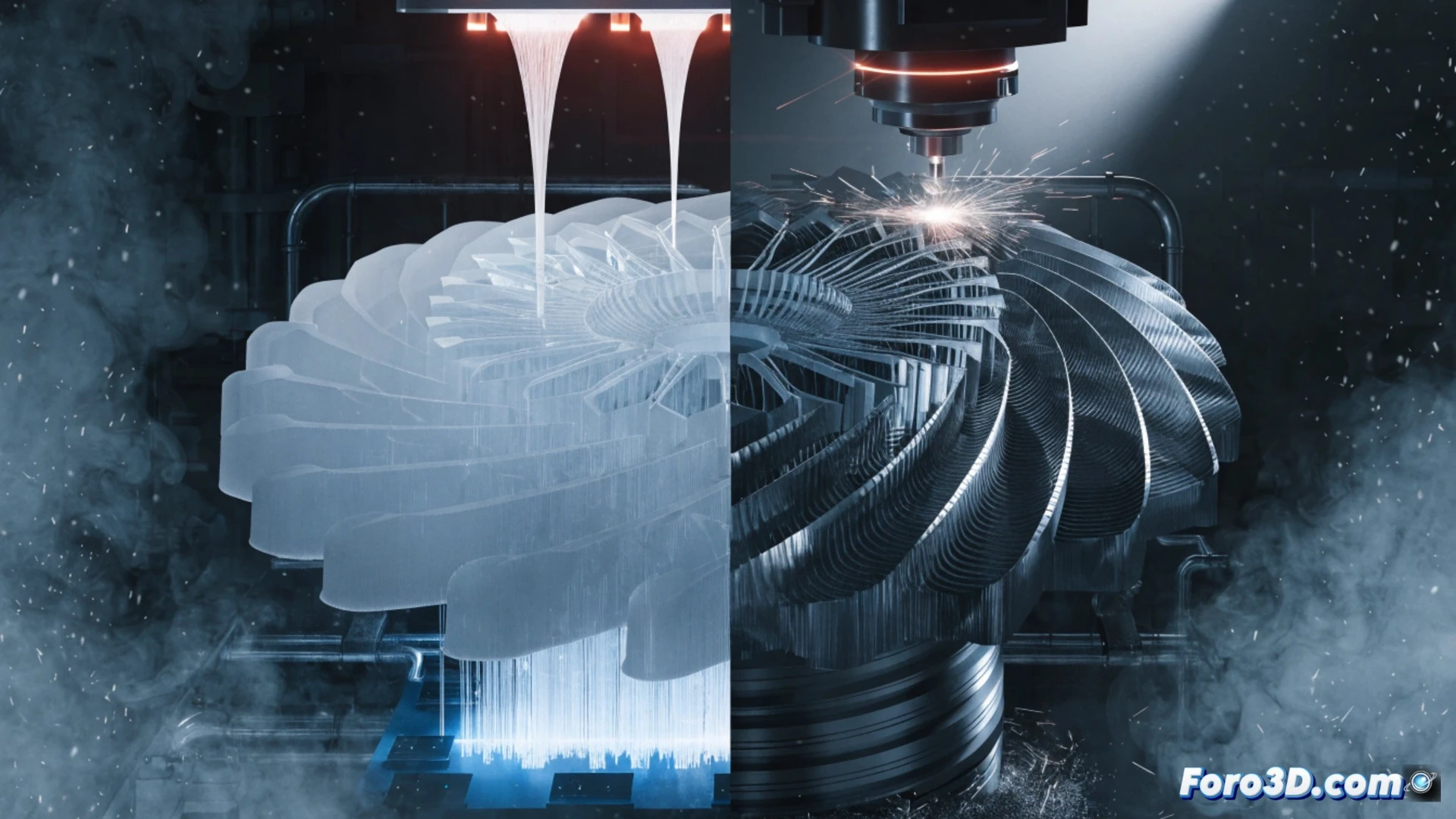 Un tornero revisa una pieza impresa en 3D junto a un torno CNC; en la pantalla, el modelo digital del engranaje guía la modernización del oficio.